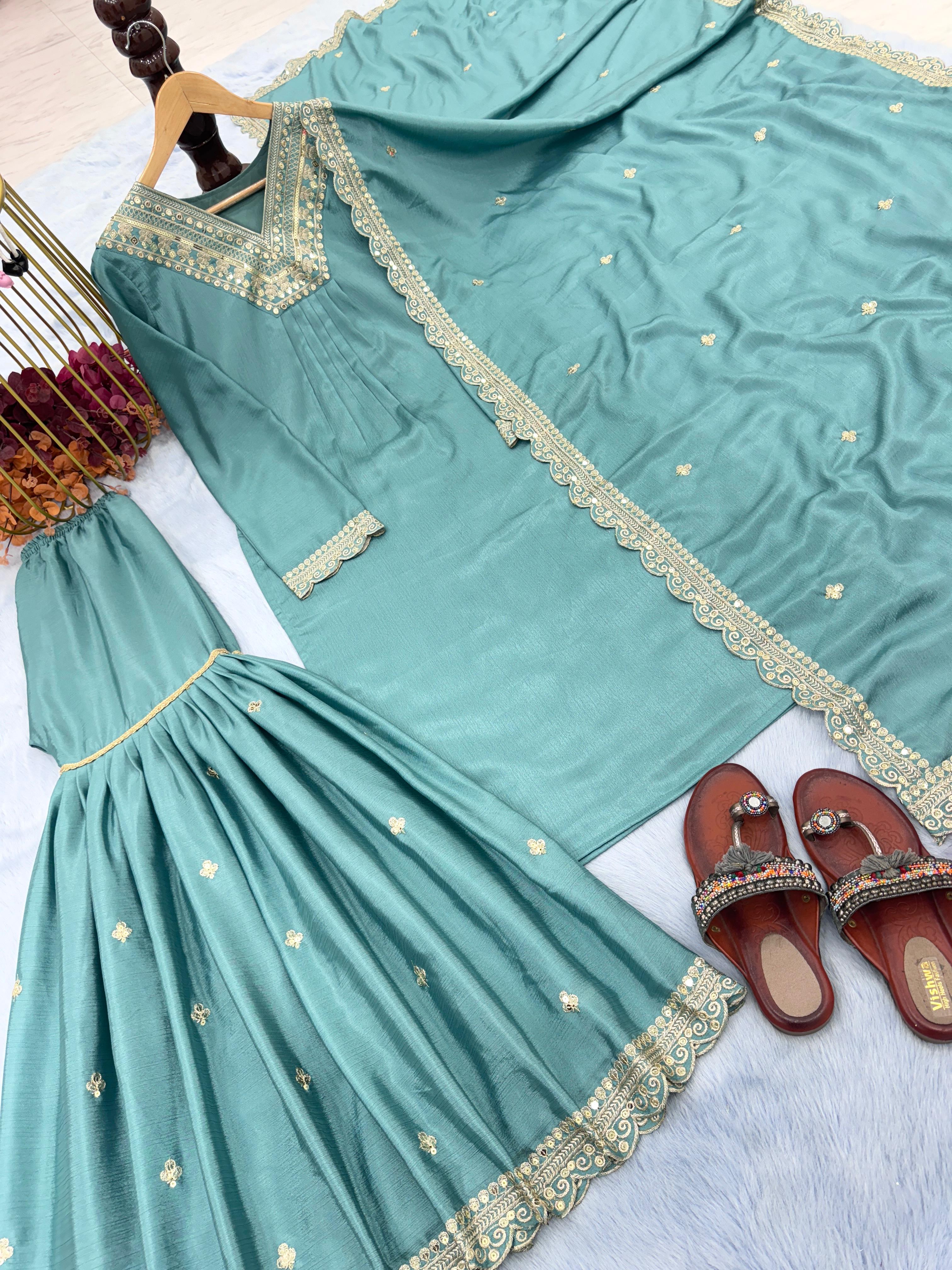 Amazing Sequence Embroidery Aqua Green Color Sharara Suit