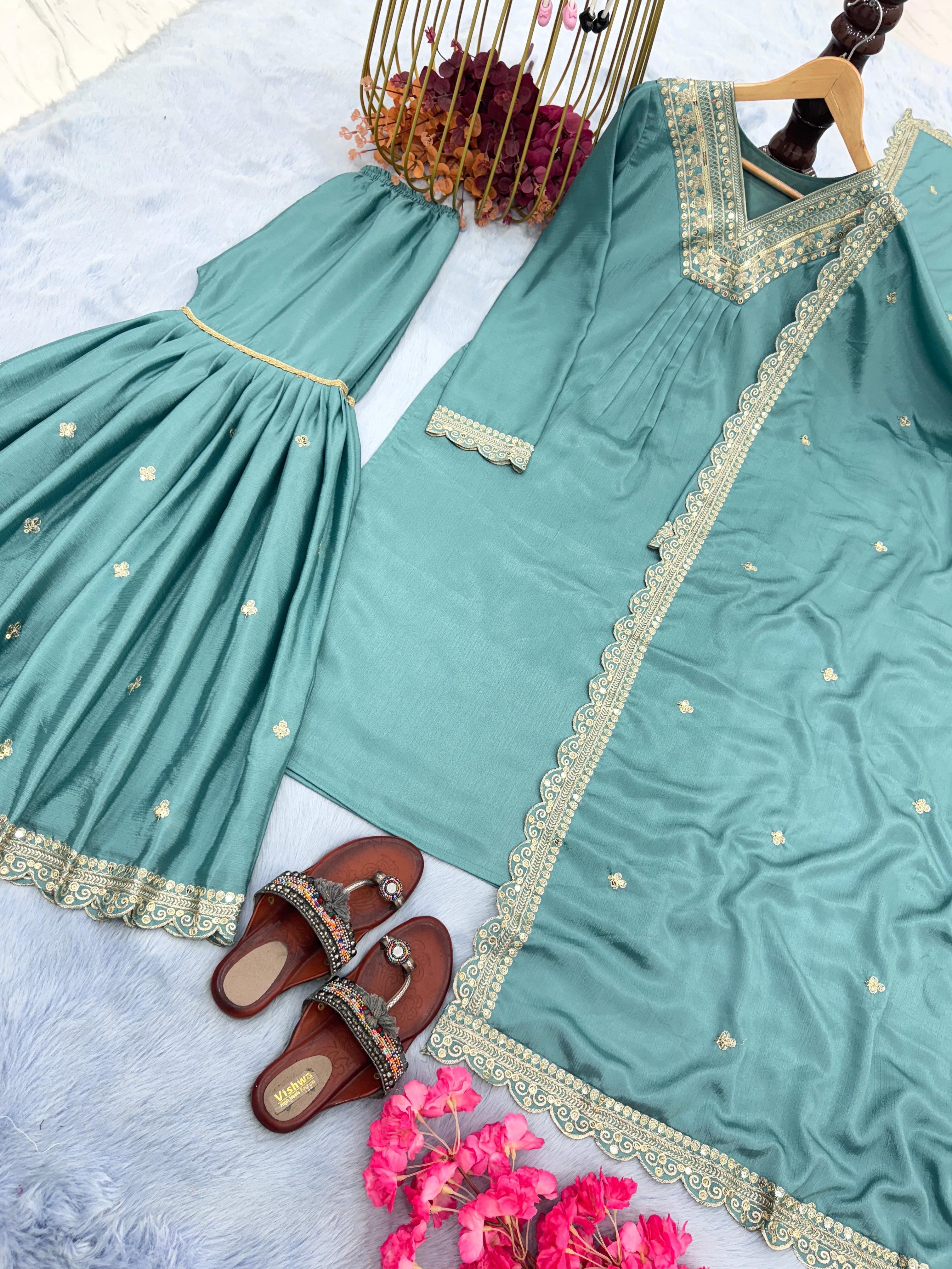 Amazing Sequence Embroidery Aqua Green Color Sharara Suit