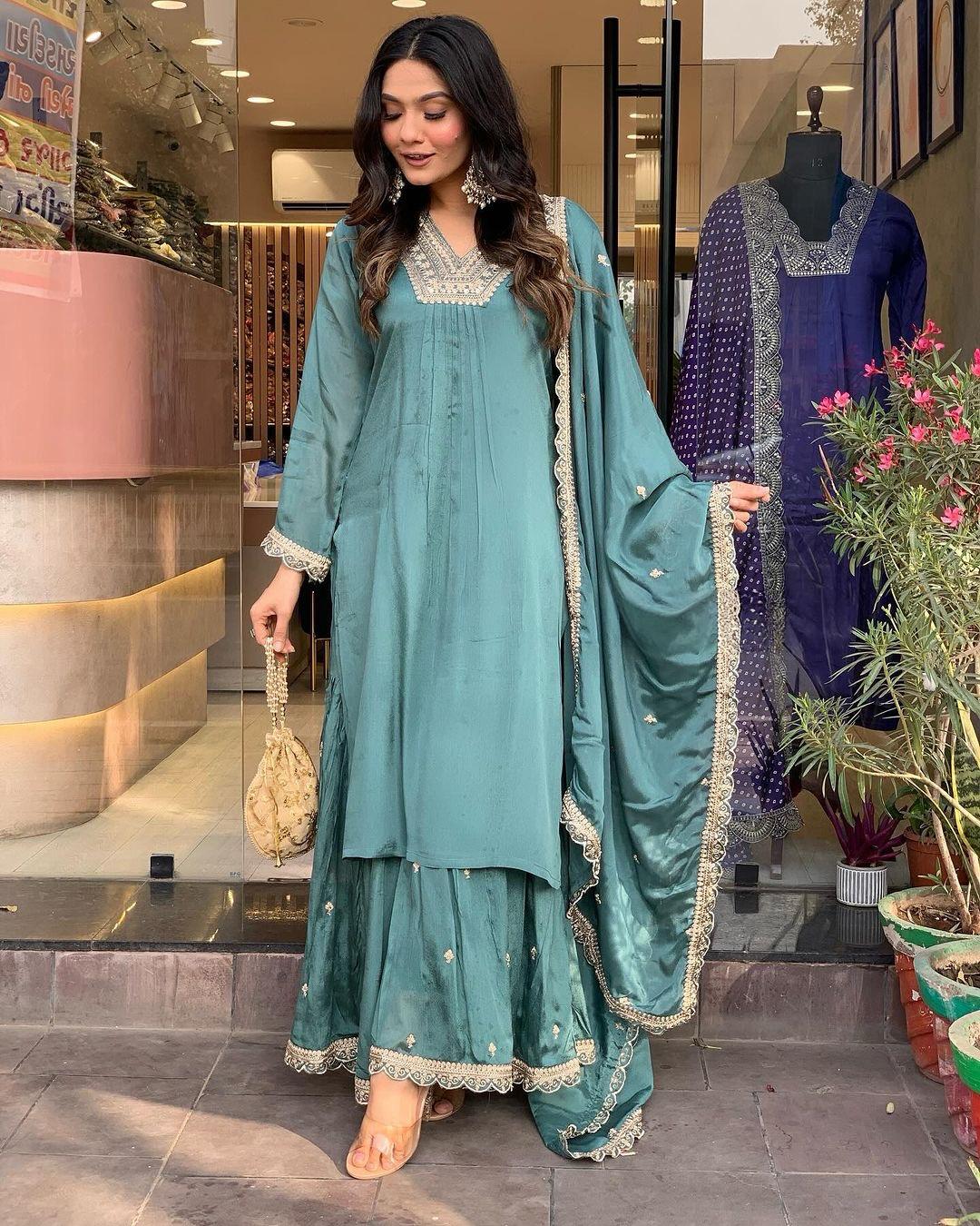 Amazing Sequence Embroidery Aqua Green Color Sharara Suit