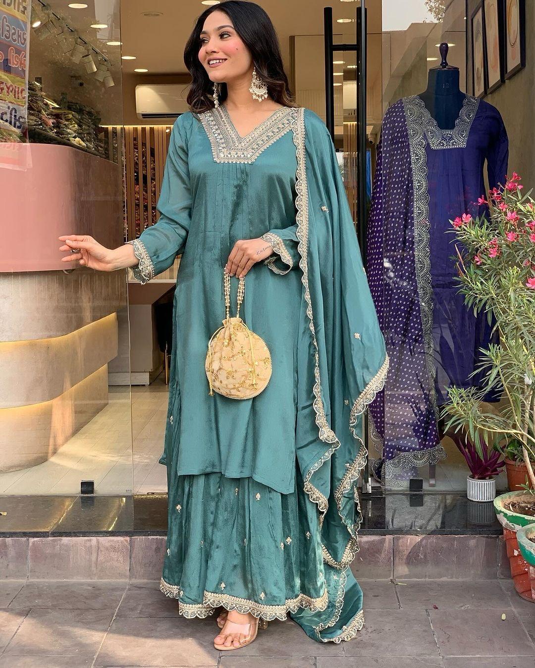 Amazing Sequence Embroidery Aqua Green Color Sharara Suit