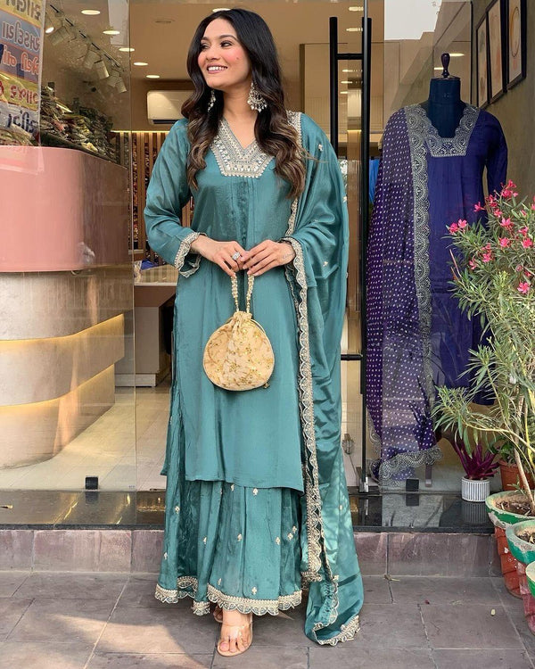 Amazing Sequence Embroidery Aqua Green Color Sharara Suit