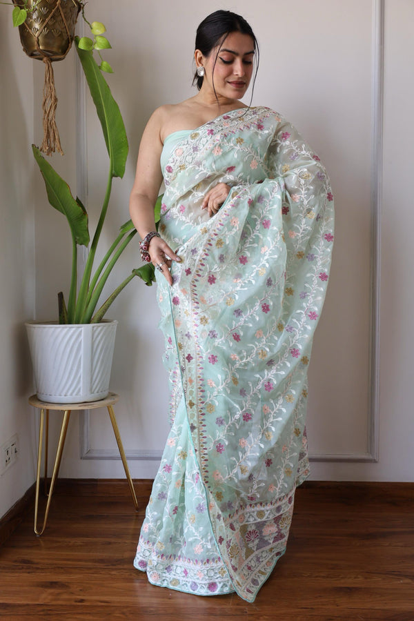 Gorgeous Pista Color Multi Thread Work Organza Saree