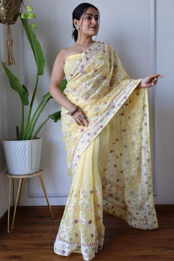 Gorgeous Yellow Color Multi Thread Work Organza Saree