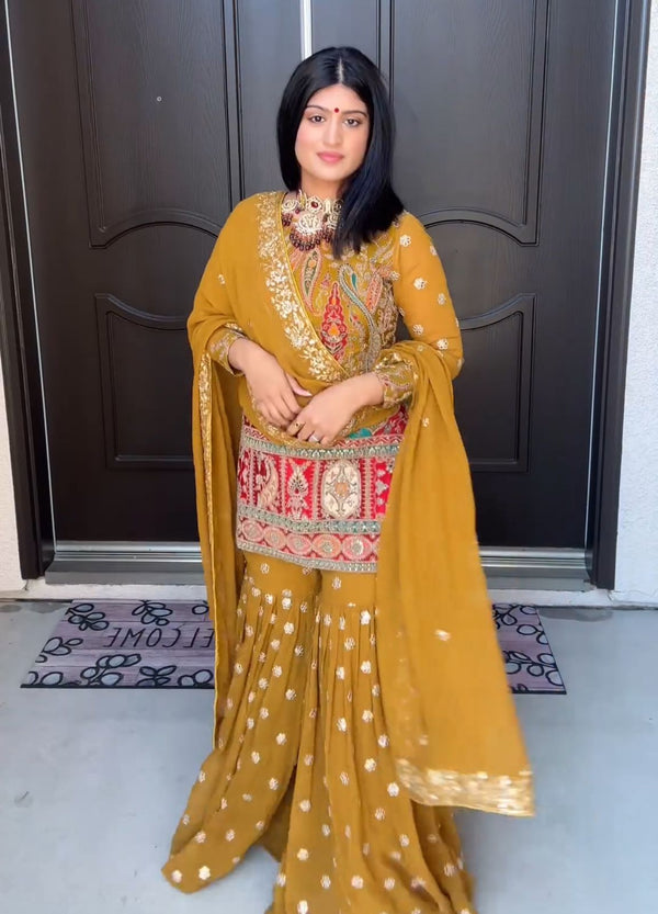 Imposing Thread Work Yellow Color Sharara Suit