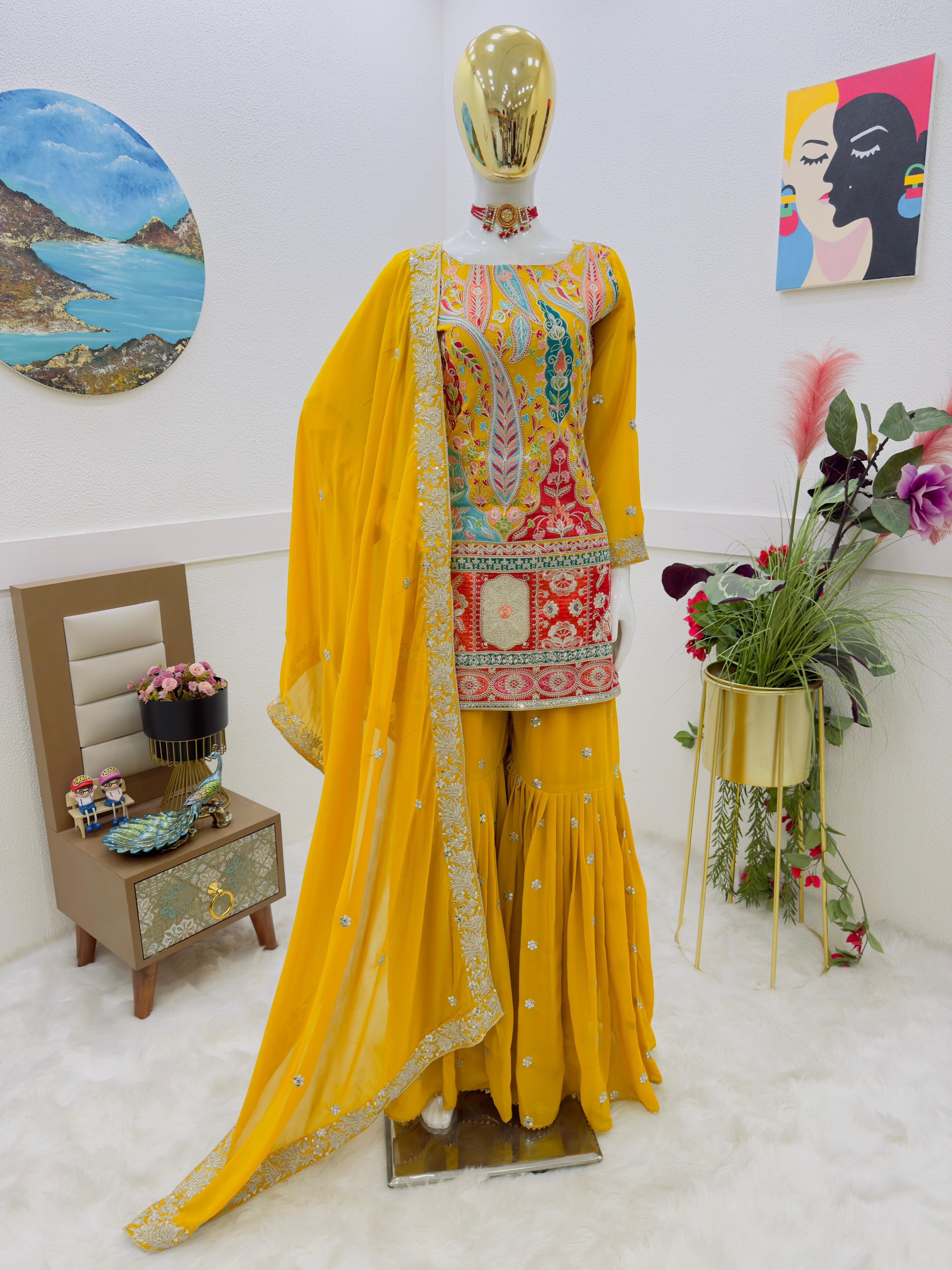 Imposing Thread Work Yellow Color Sharara Suit