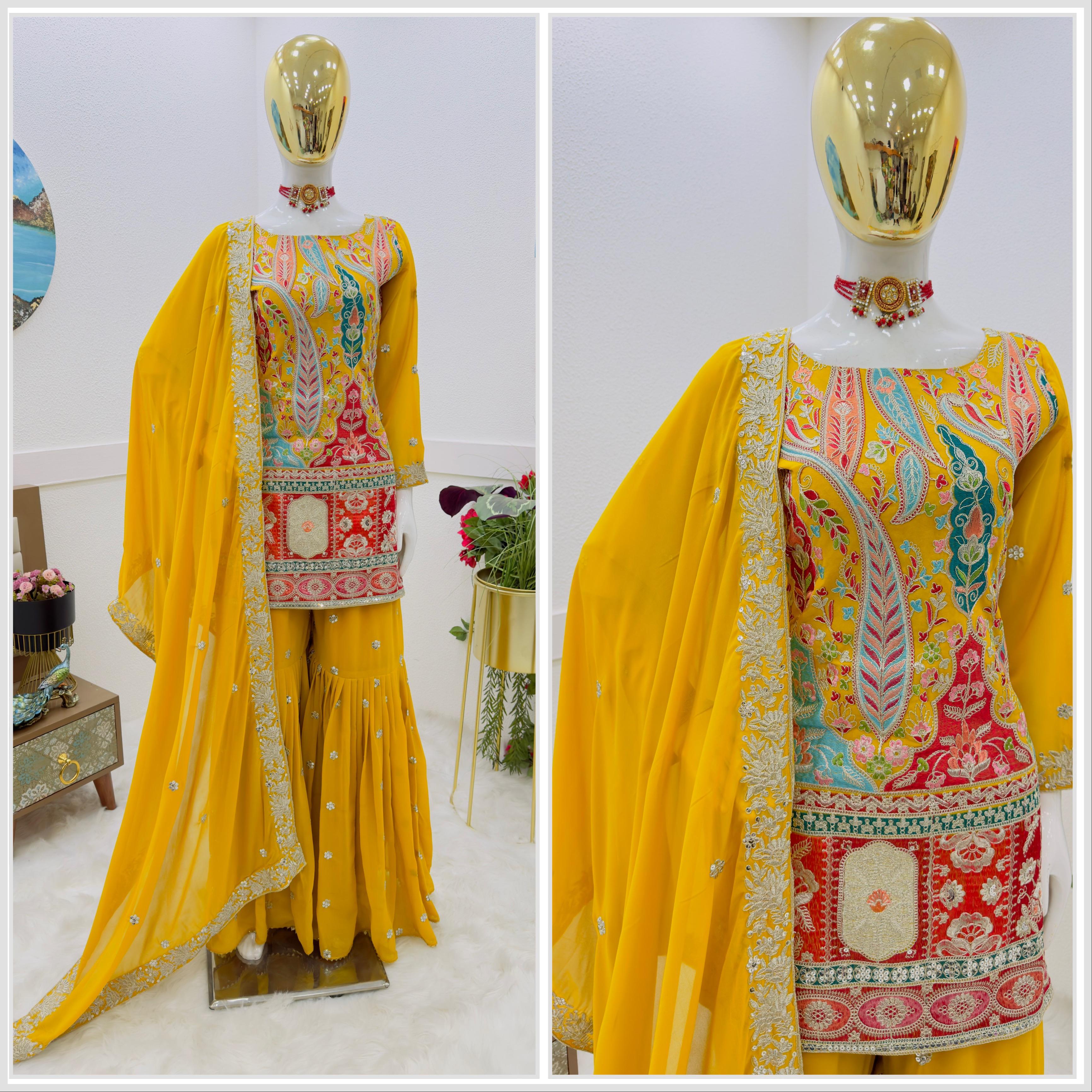 Imposing Thread Work Yellow Color Sharara Suit