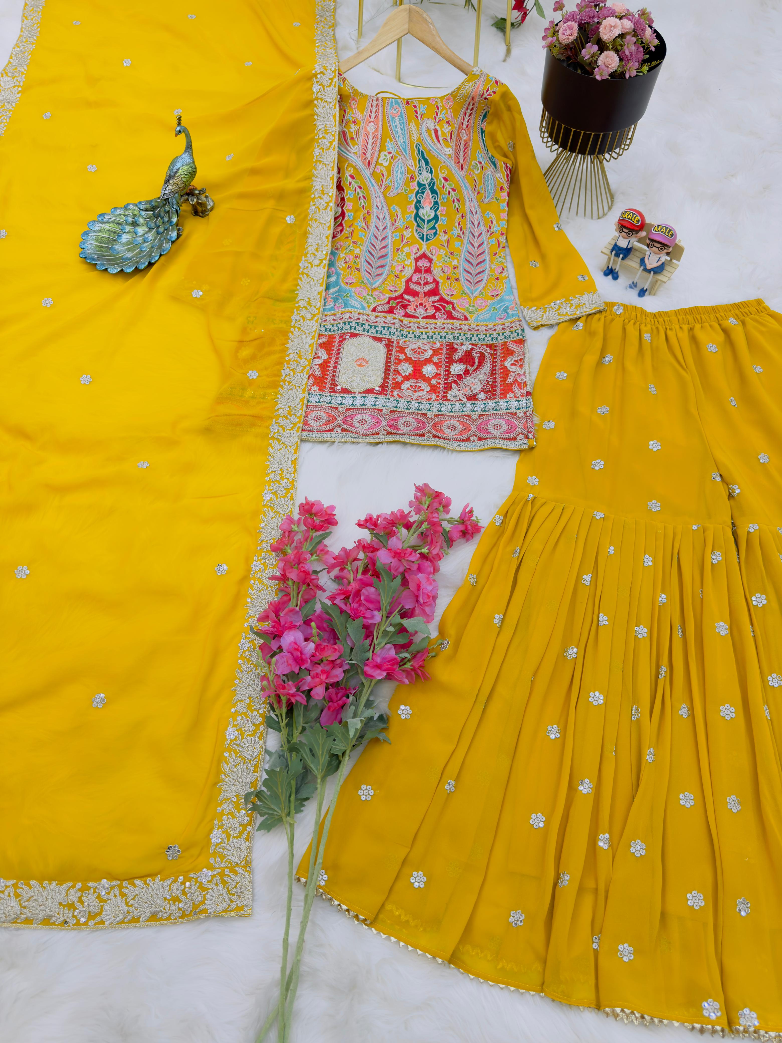 Imposing Thread Work Yellow Color Sharara Suit