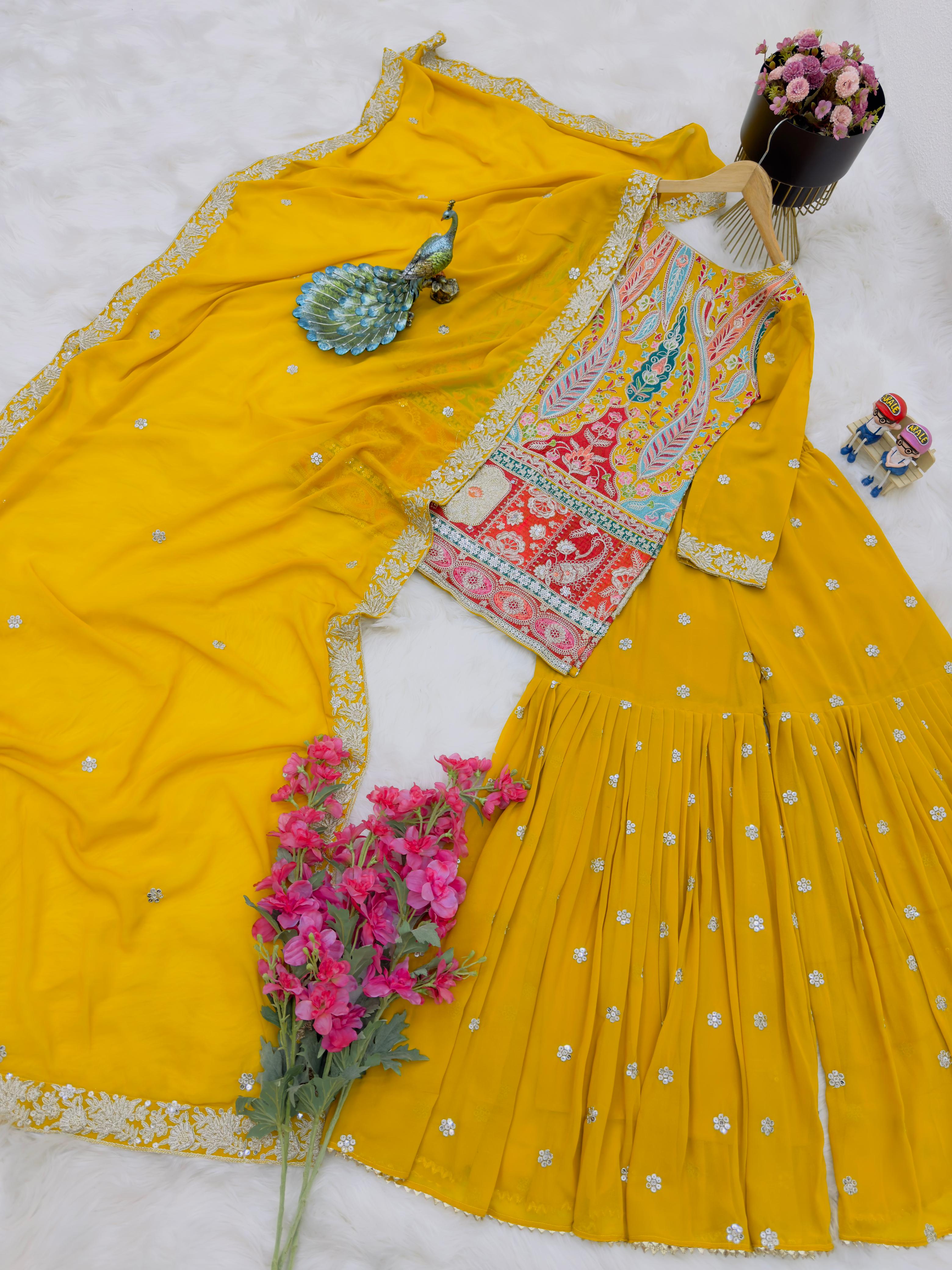 Imposing Thread Work Yellow Color Sharara Suit