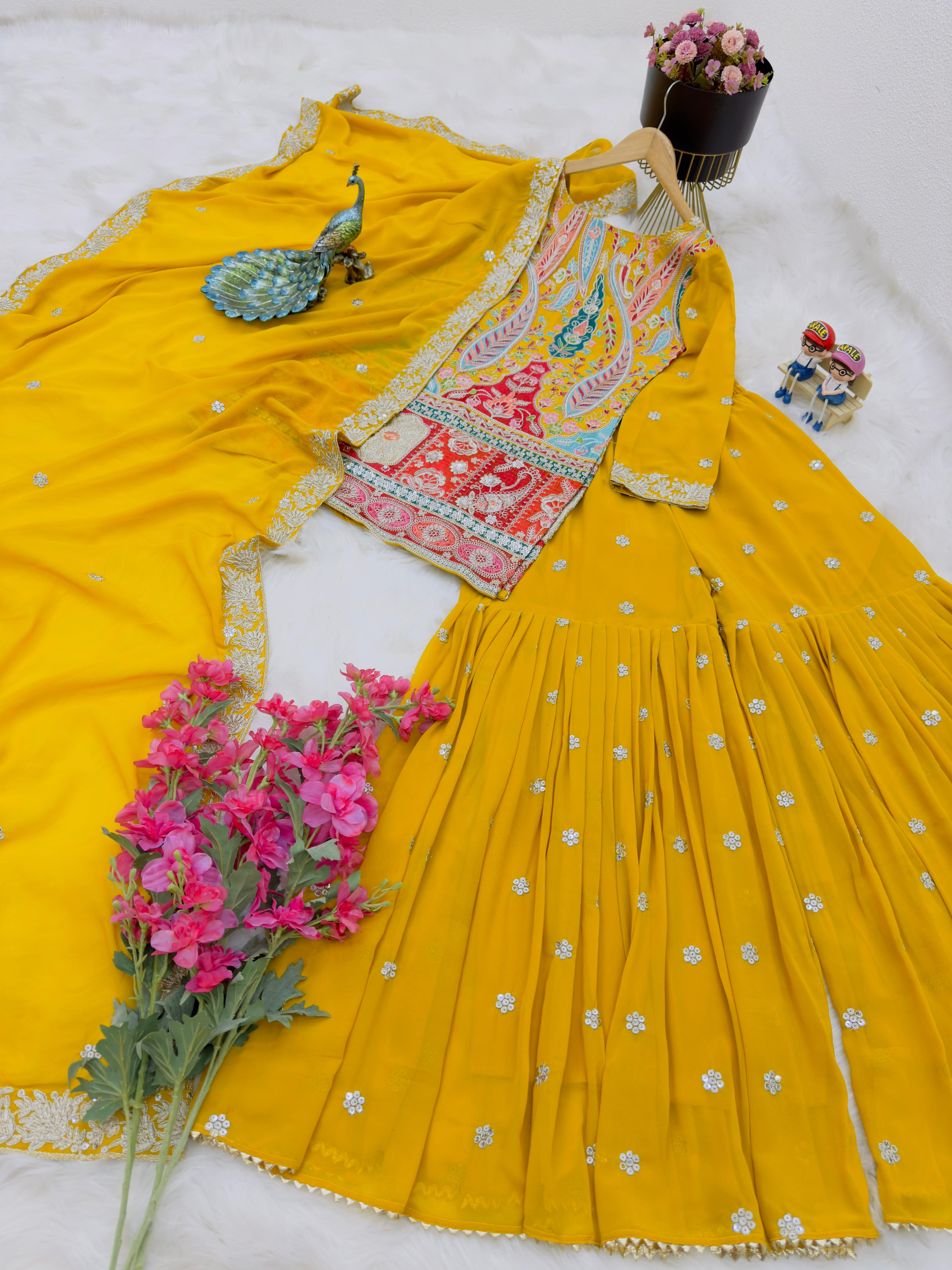 Imposing Thread Work Yellow Color Sharara Suit