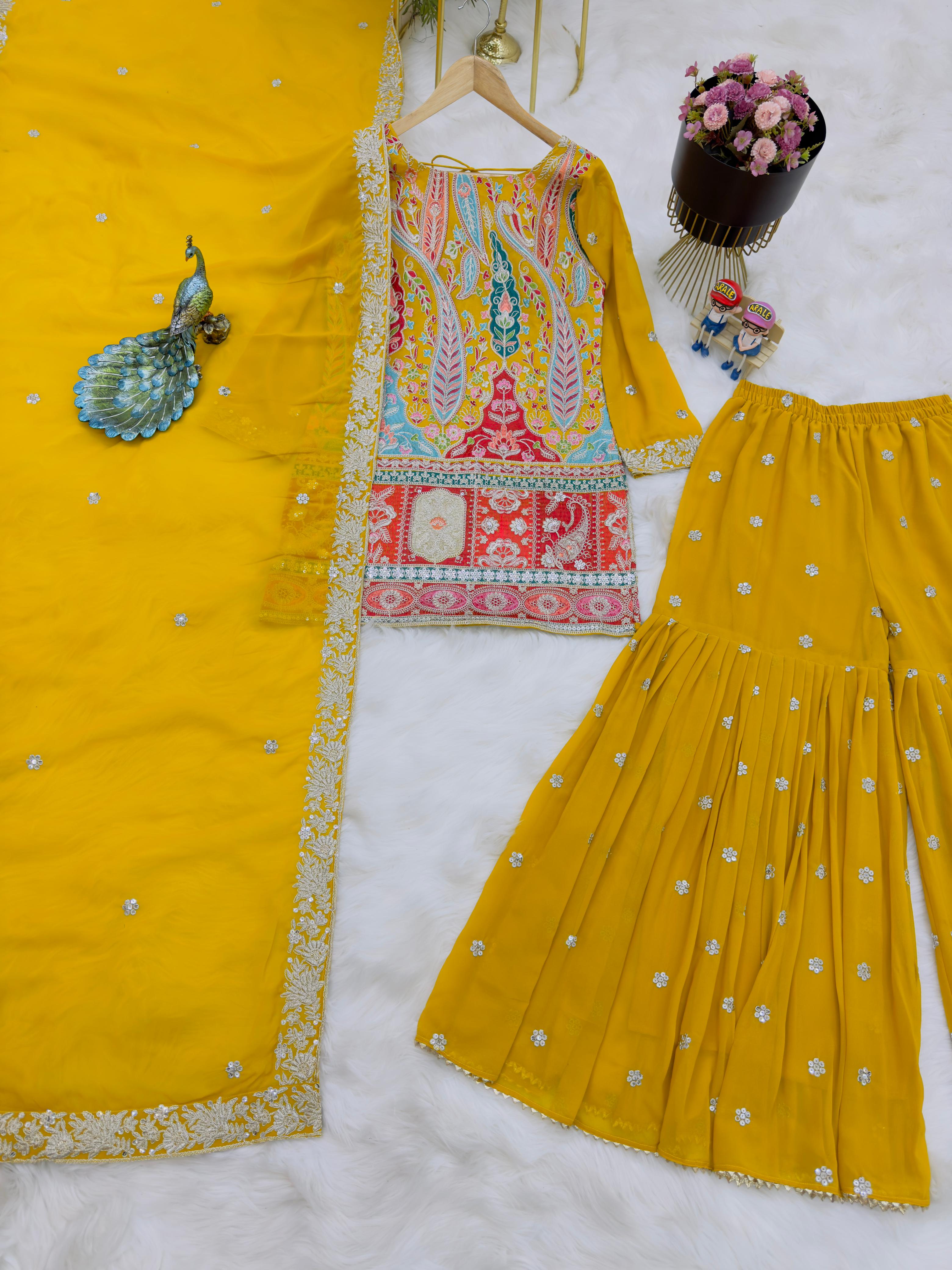 Imposing Thread Work Yellow Color Sharara Suit