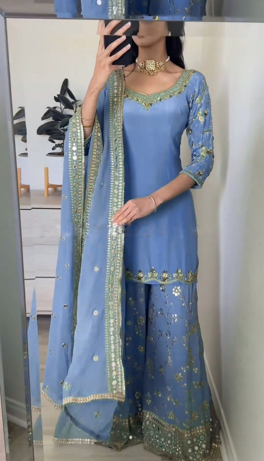 Imposing Embroidery Work Sky Blue Sharara Suit