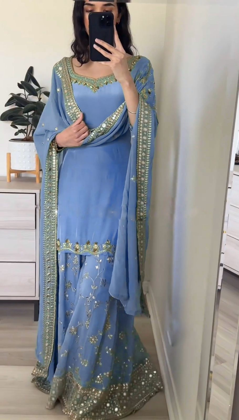 Imposing Embroidery Work Sky Blue Sharara Suit