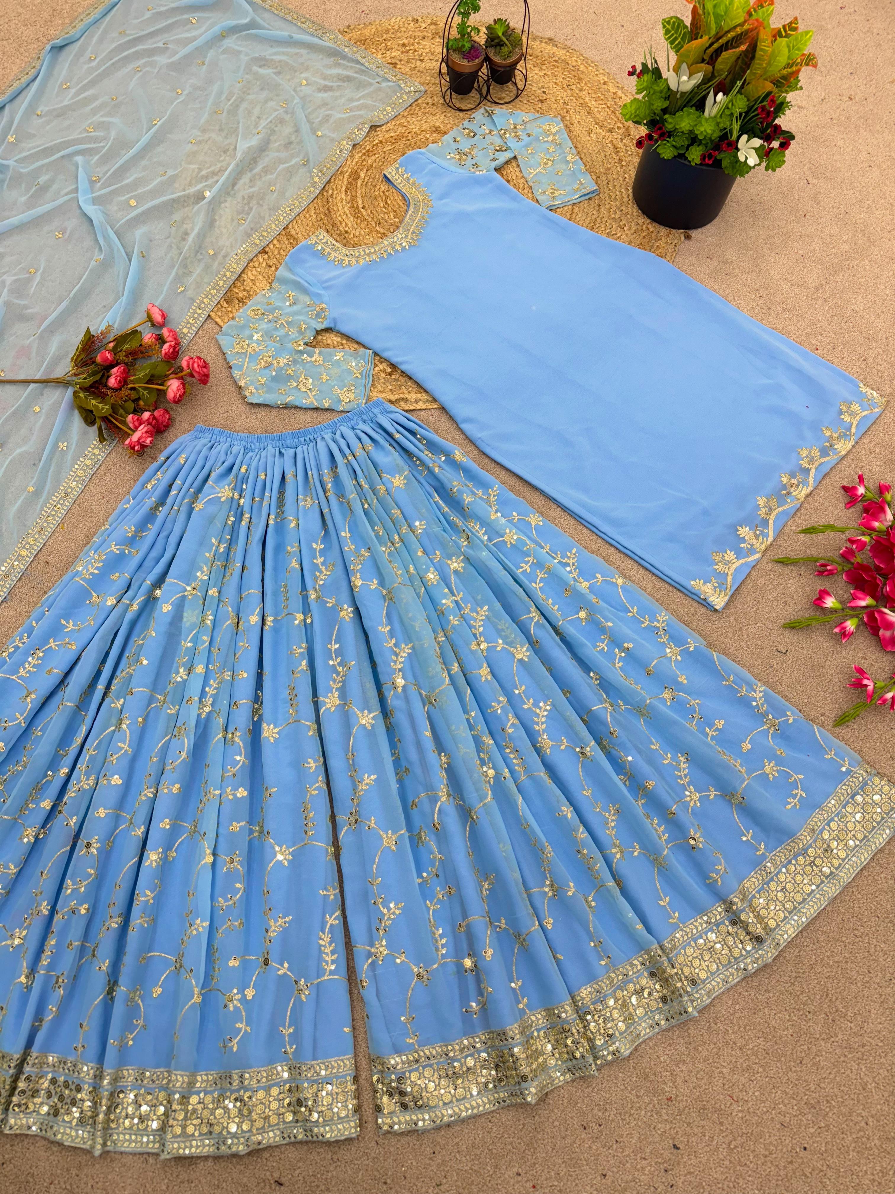 Imposing Embroidery Work Sky Blue Sharara Suit