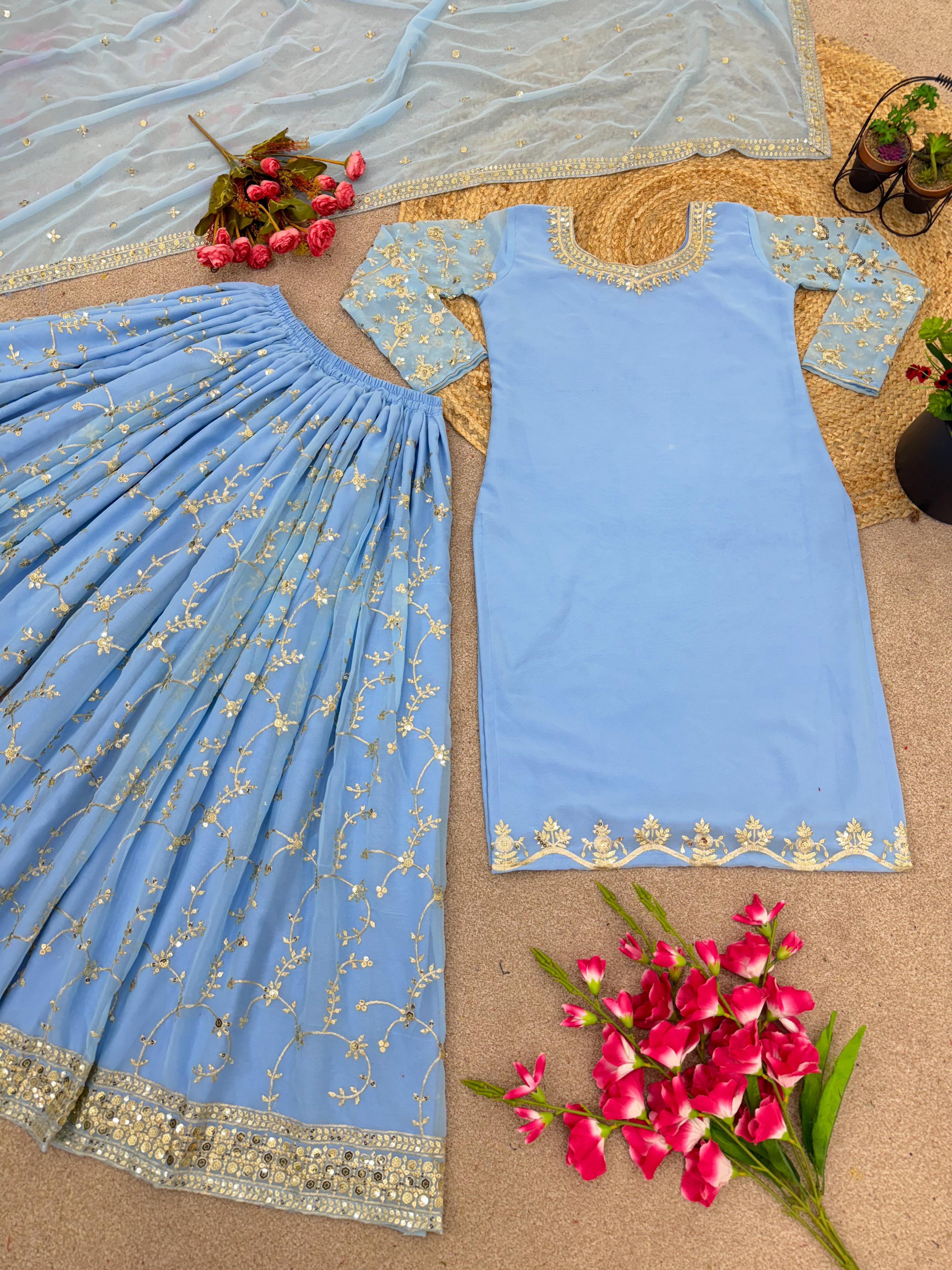 Imposing Embroidery Work Sky Blue Sharara Suit