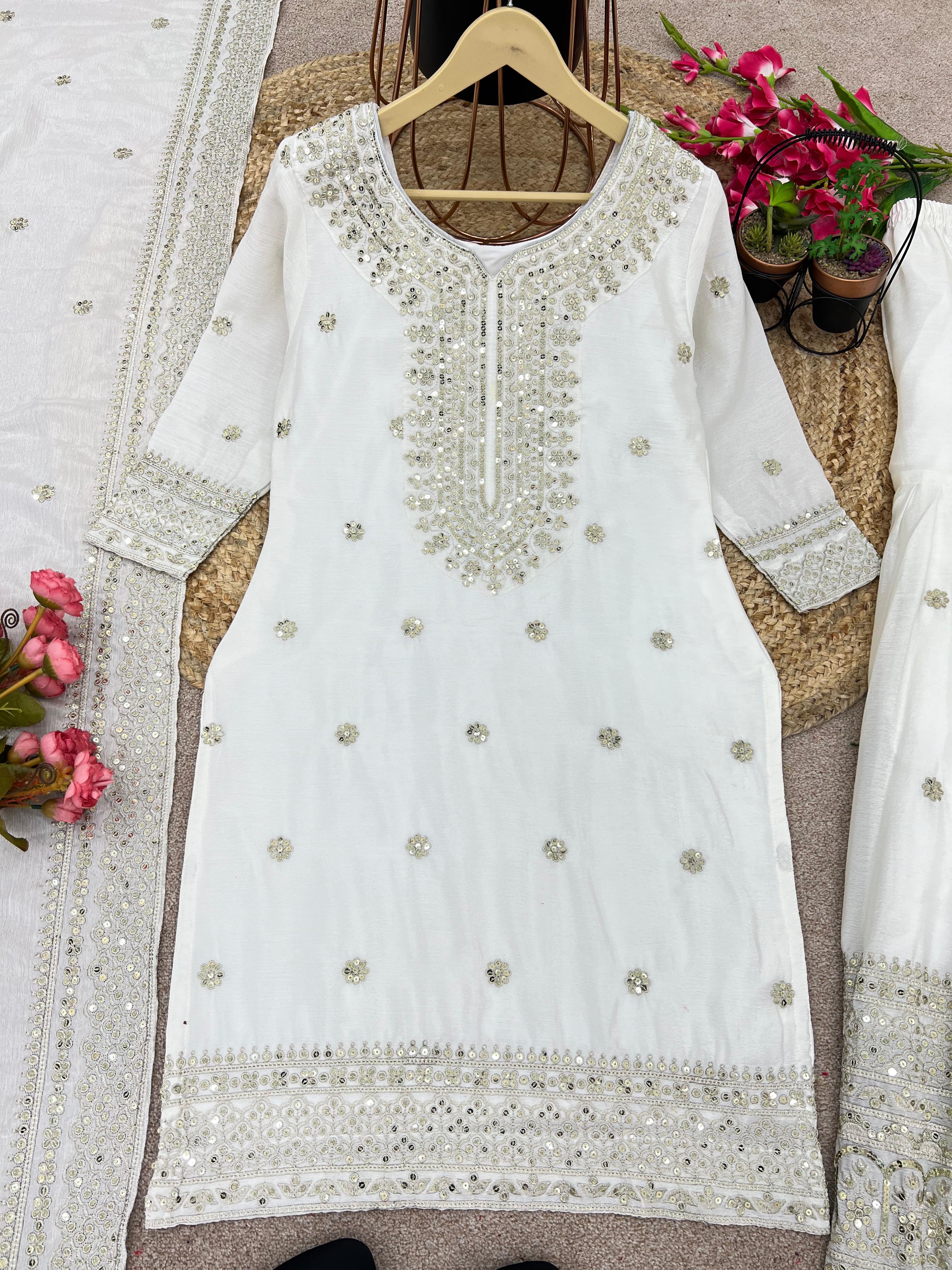 Exclusive Embroidery Work White Color Sharara Suit