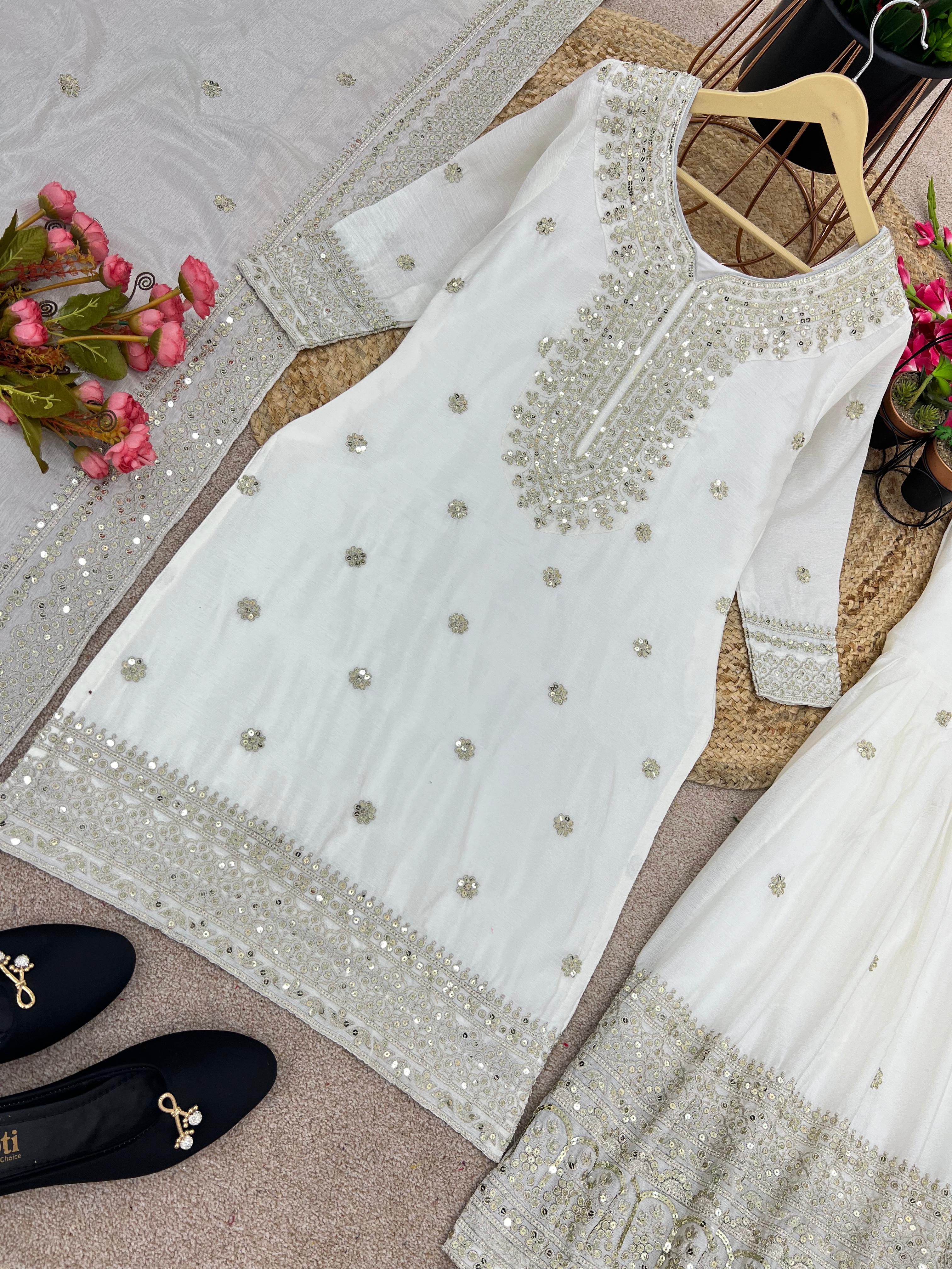 Exclusive Embroidery Work White Color Sharara Suit