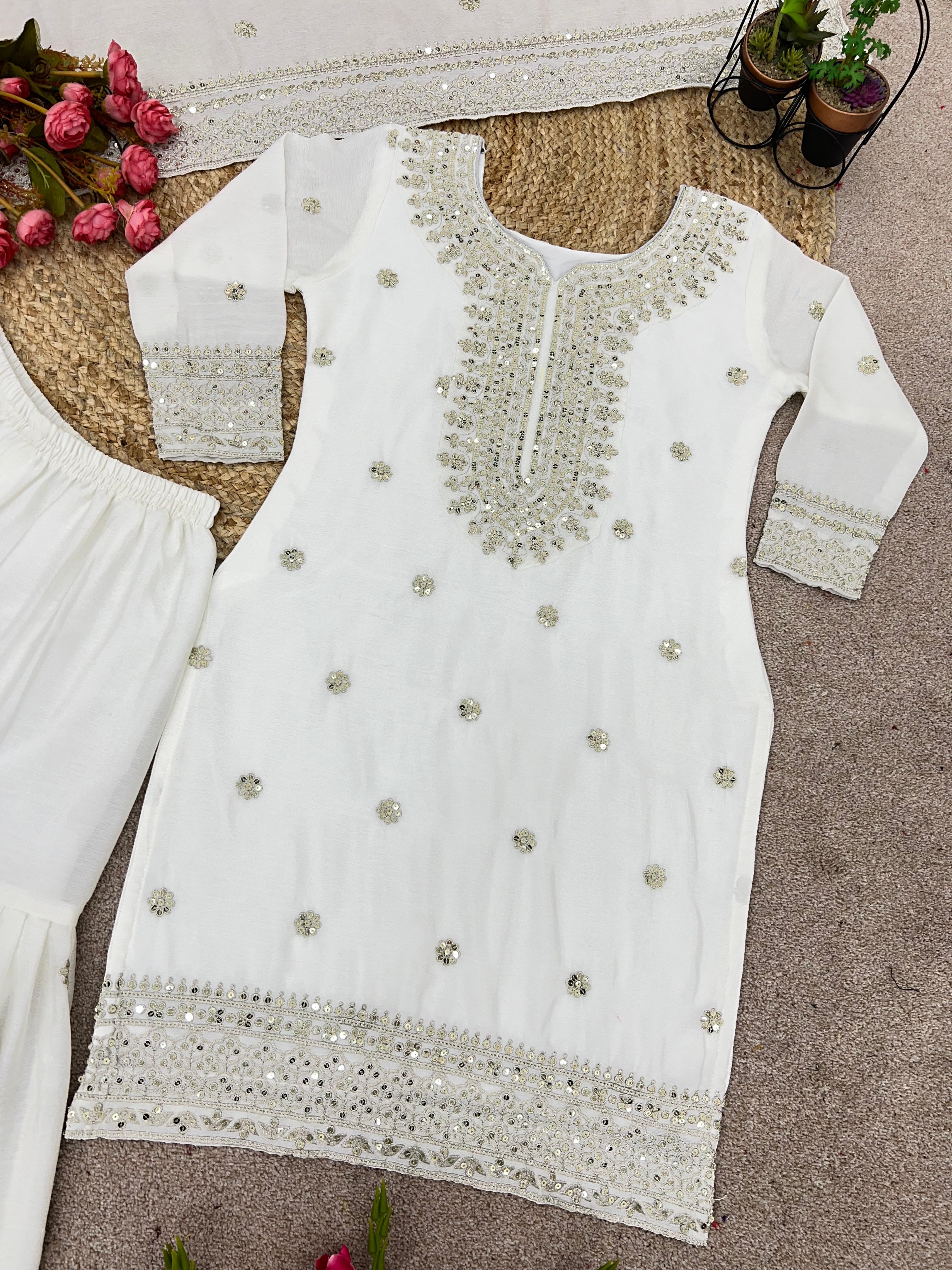 Exclusive Embroidery Work White Color Sharara Suit