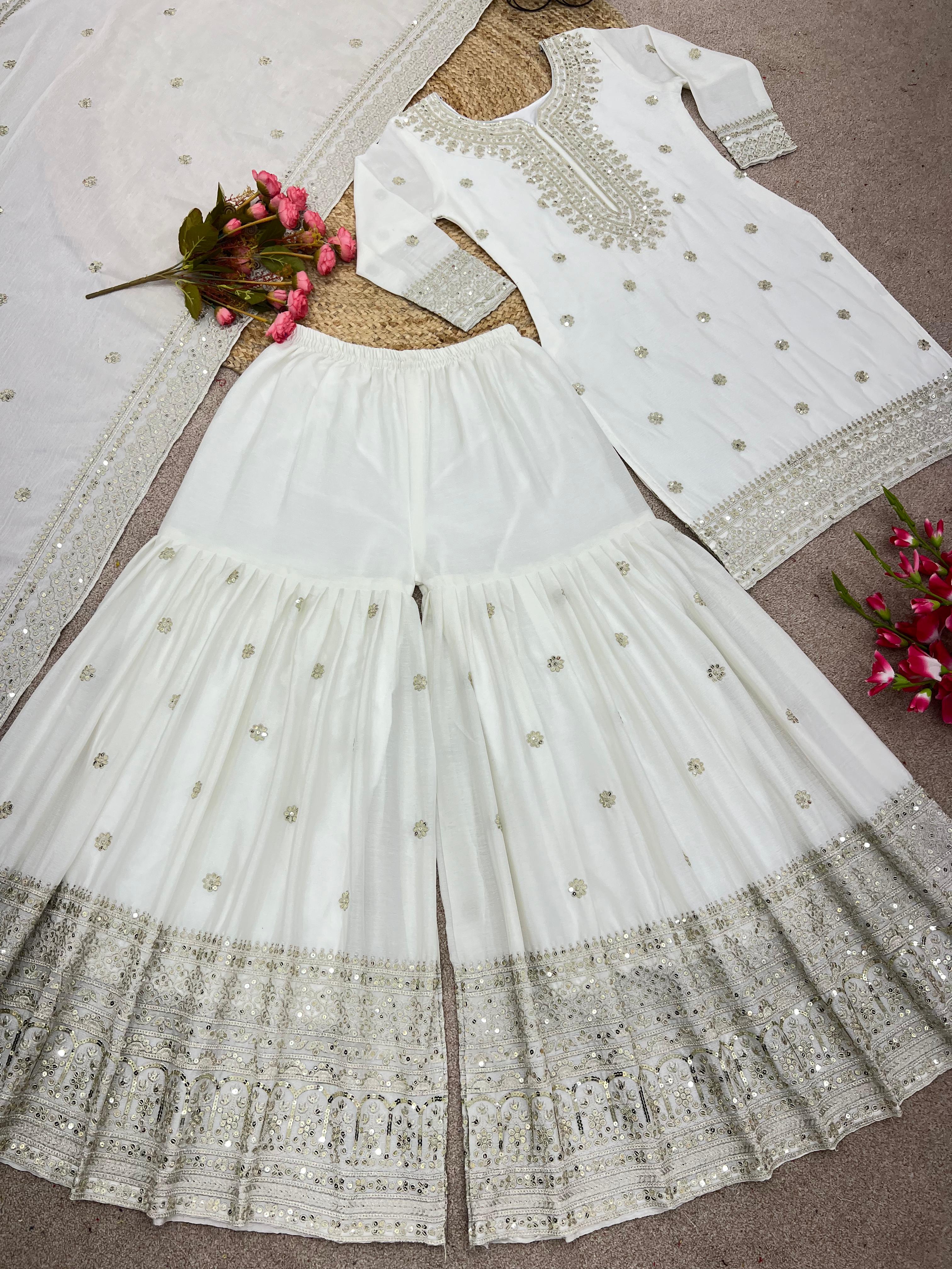 Exclusive Embroidery Work White Color Sharara Suit