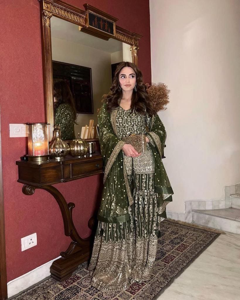 Mehndi Outfit Sharara Bottle Green Shirt Crushed Sharara Mehndi Bridal Dress Mehndi Outfit Sharara Bottle Green Shirt Crushed Sharara Mehndi Bridal Dress