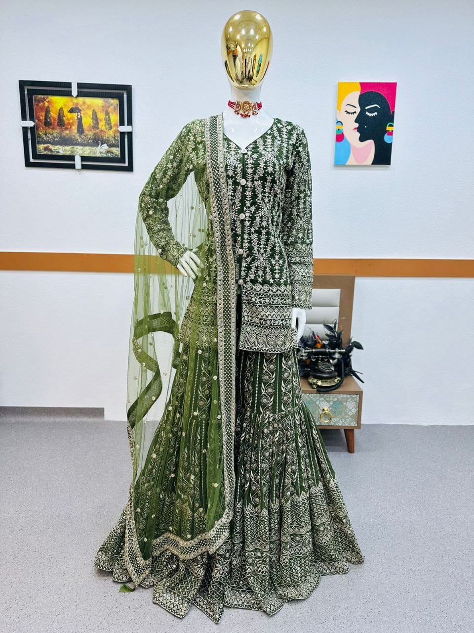 Pretty Mehndi Green Color Embroidered Sharara Suit