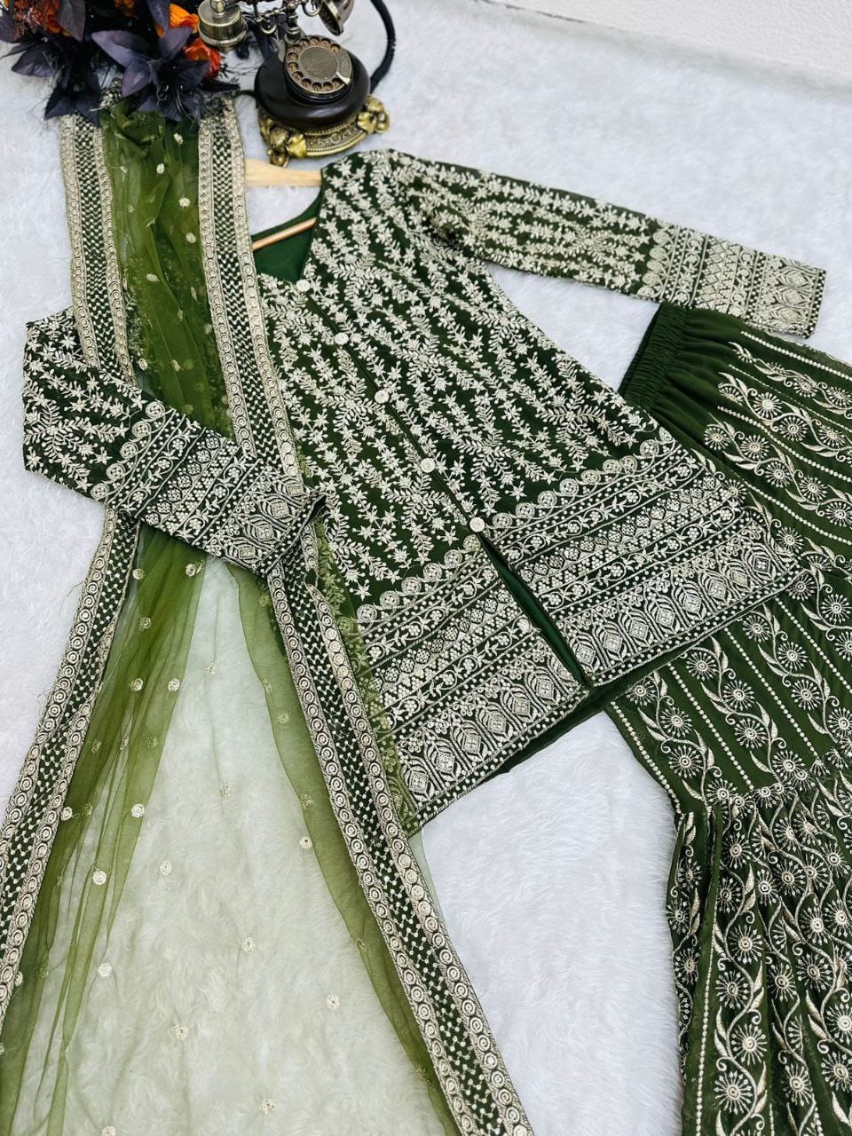 Pretty Mehndi Green Color Embroidered Sharara Suit