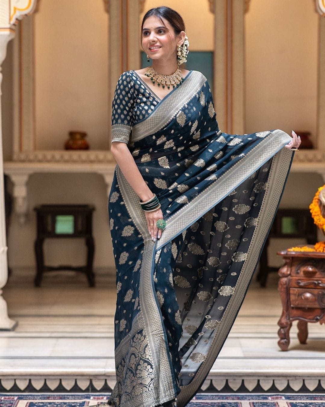 Teal Blue Color Grand Beautiful Rich Design Saree