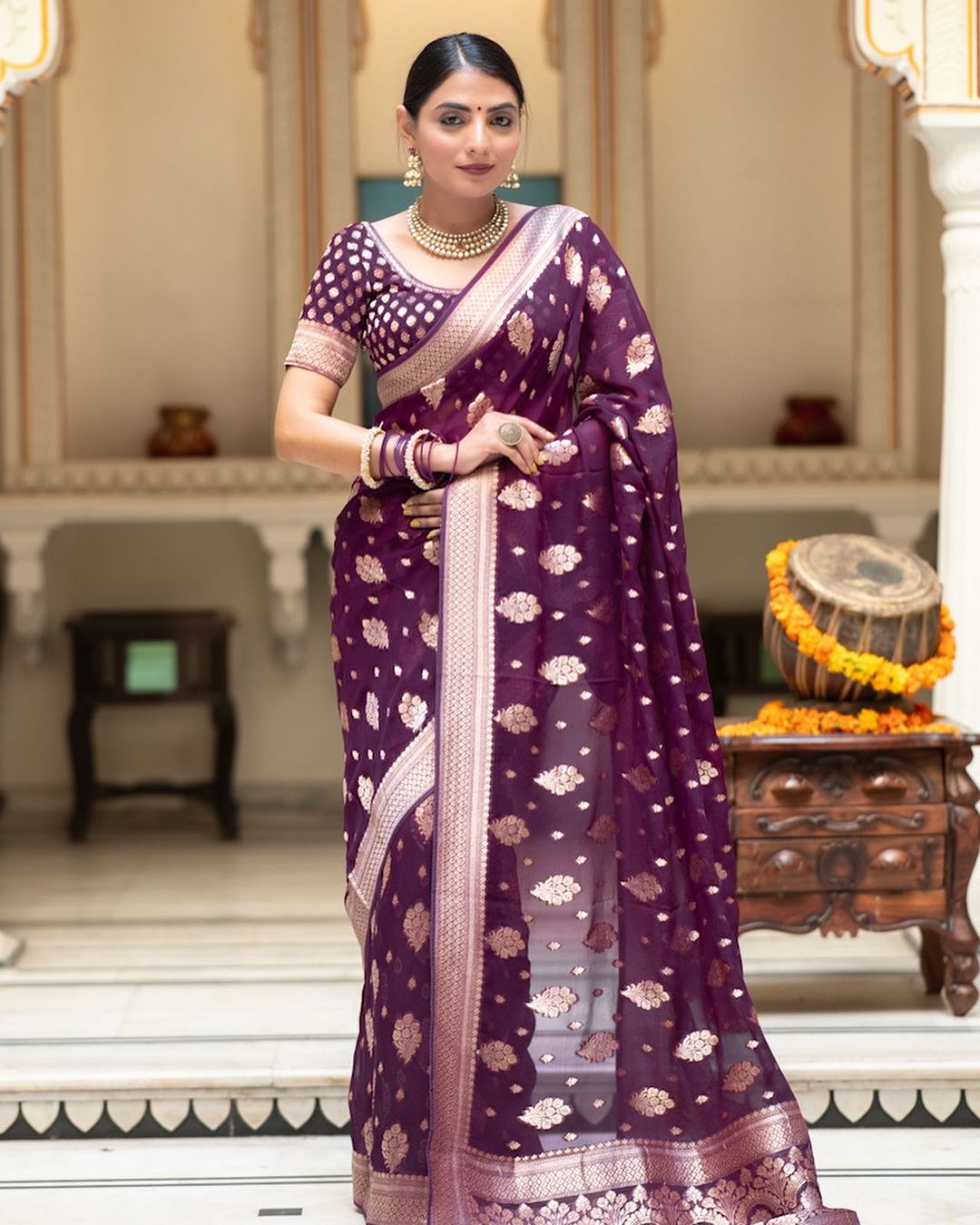 Wine Color Grand Beautiful Rich Design Saree