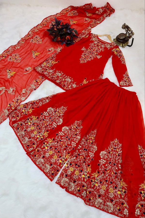 Graceful Red Color Embroidery Work Sharara Suit