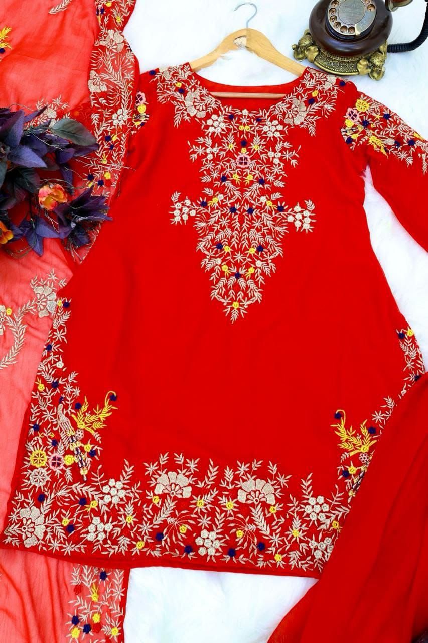 Graceful Red Color Embroidery Work Sharara Suit