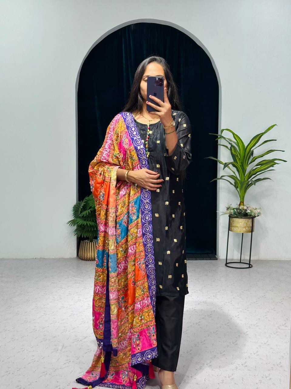 Black Color Pretty Salwar Suit With Multi Dupatta