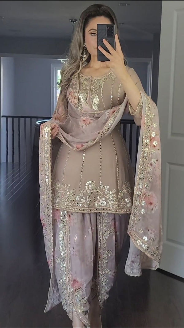 Innovative Beige Color Dhoti Suit With Printed Dupatta