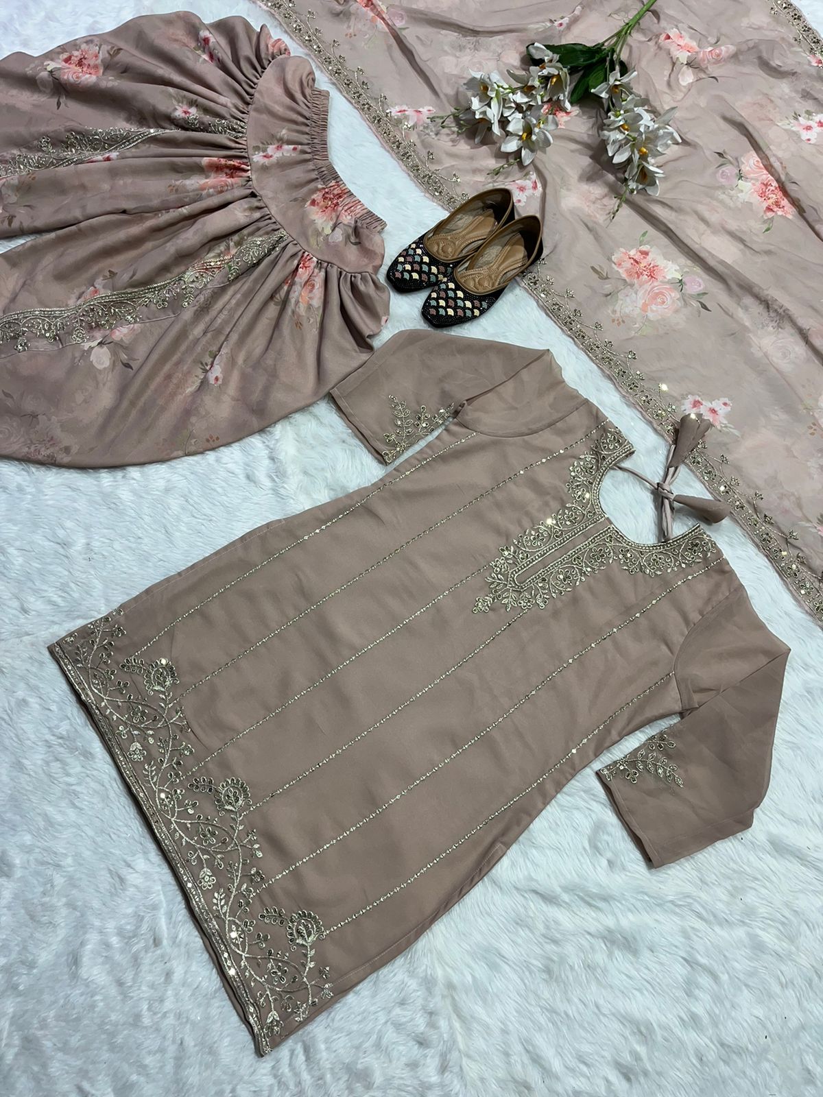 Innovative Beige Color Dhoti Suit With Printed Dupatta