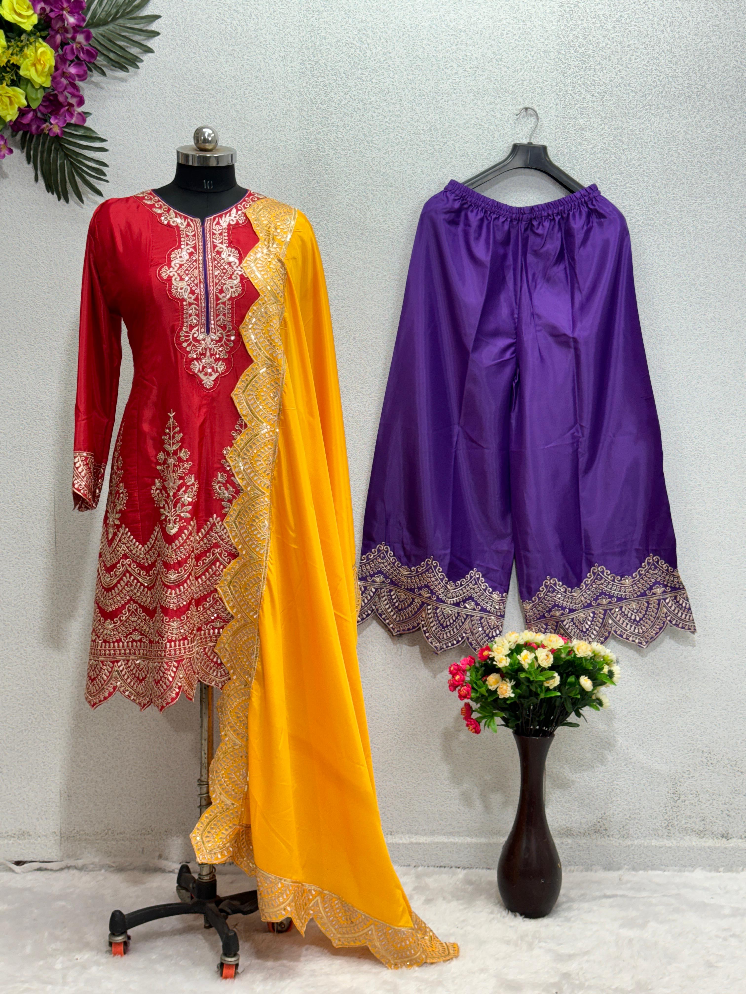 Exclusive Embroidery Work Red Suit With Purple Palazzo