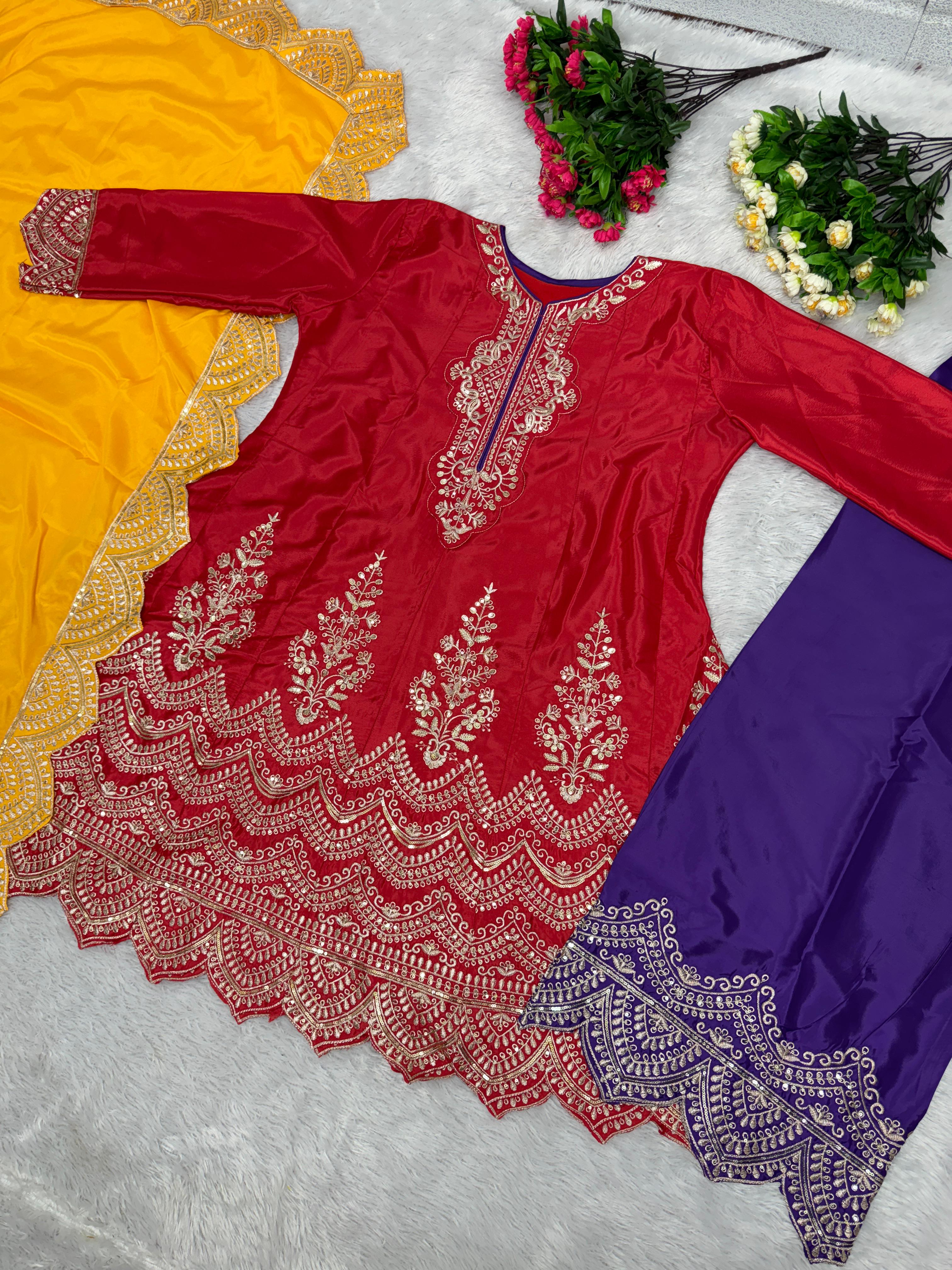 Exclusive Embroidery Work Red Suit With Purple Palazzo