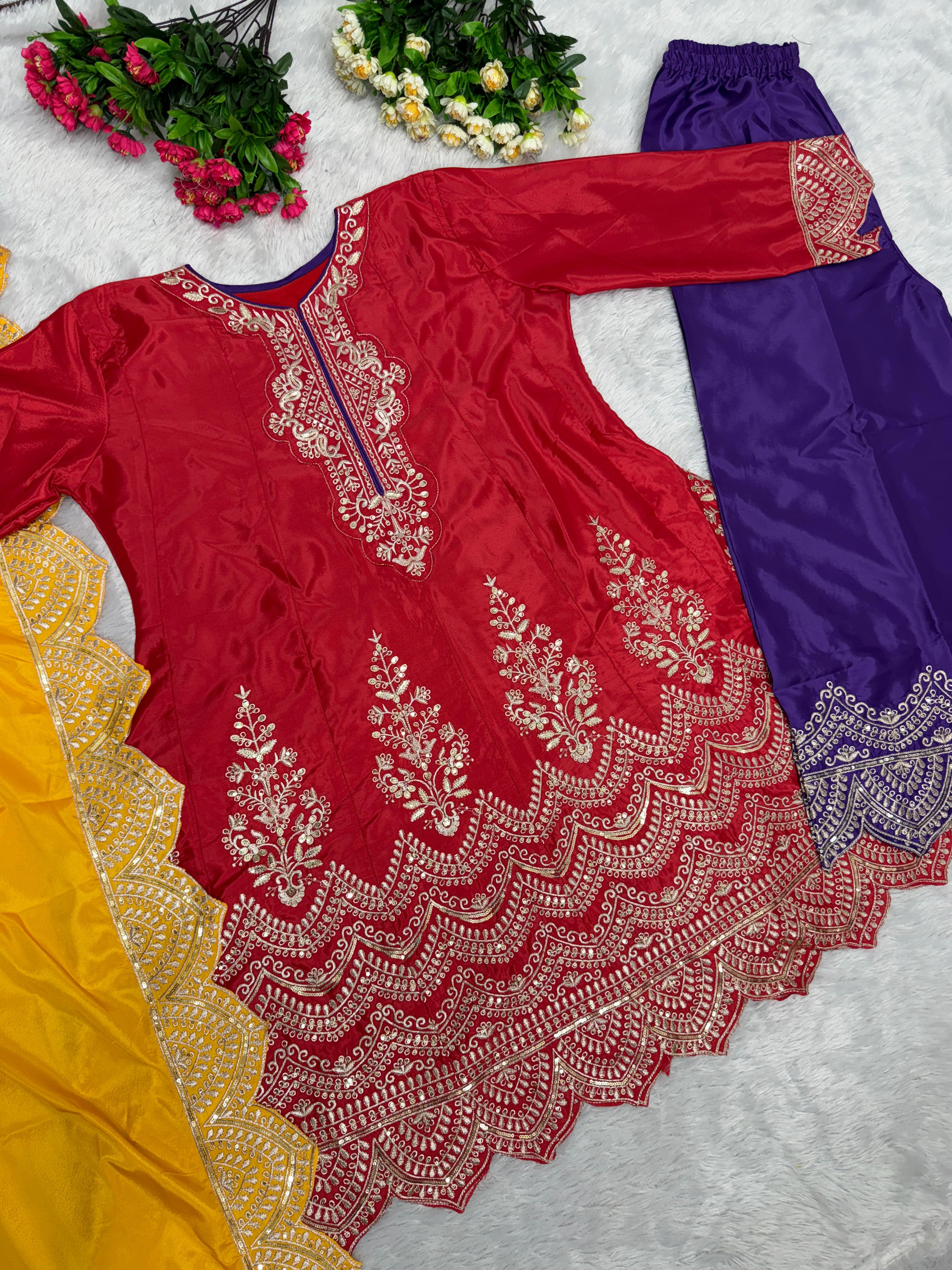 Exclusive Embroidery Work Red Suit With Purple Palazzo