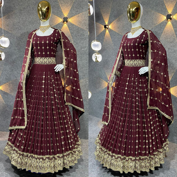 Attractive Maroon Color Full Work Gown With Dupatta