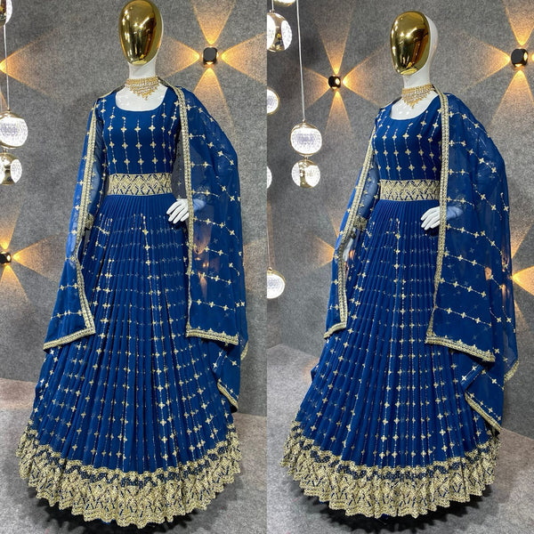 Attractive Blue Color Full Work Gown With Dupatta