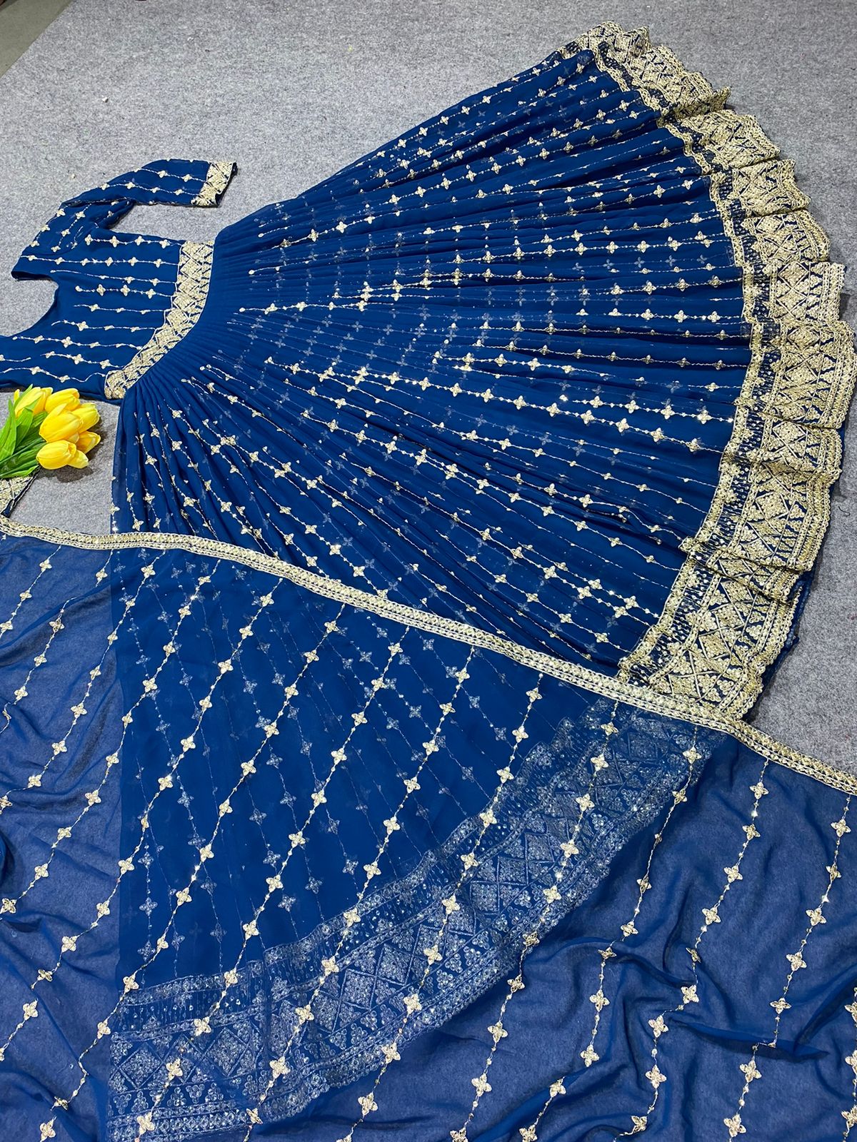 Attractive Blue Color Full Work Gown With Dupatta