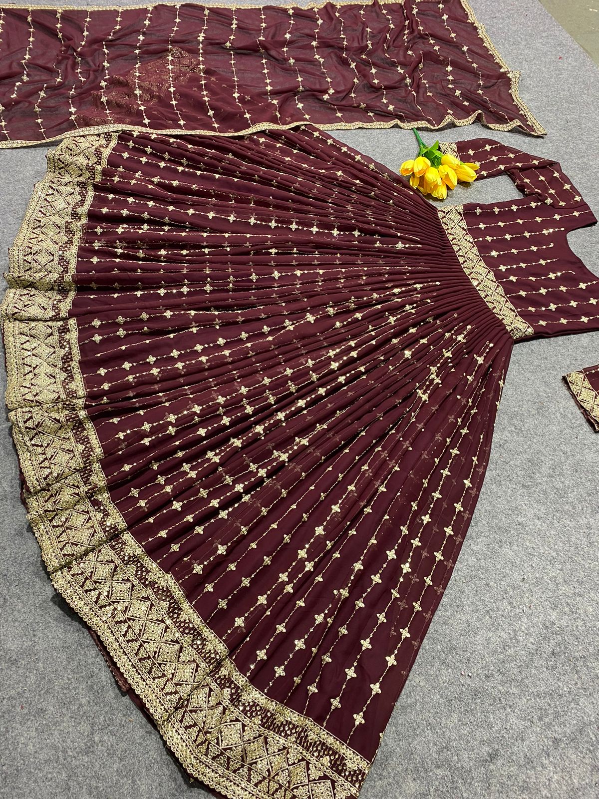 Attractive Maroon Color Full Work Gown With Dupatta