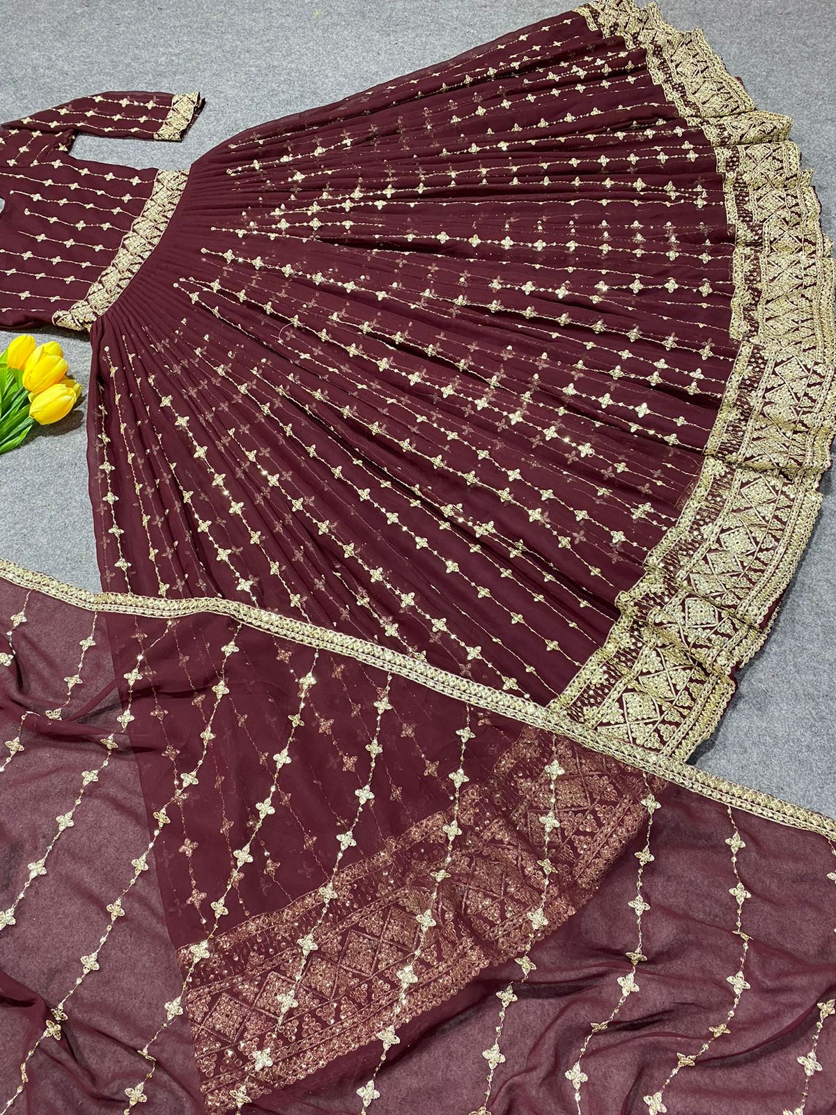Attractive Maroon Color Full Work Gown With Dupatta