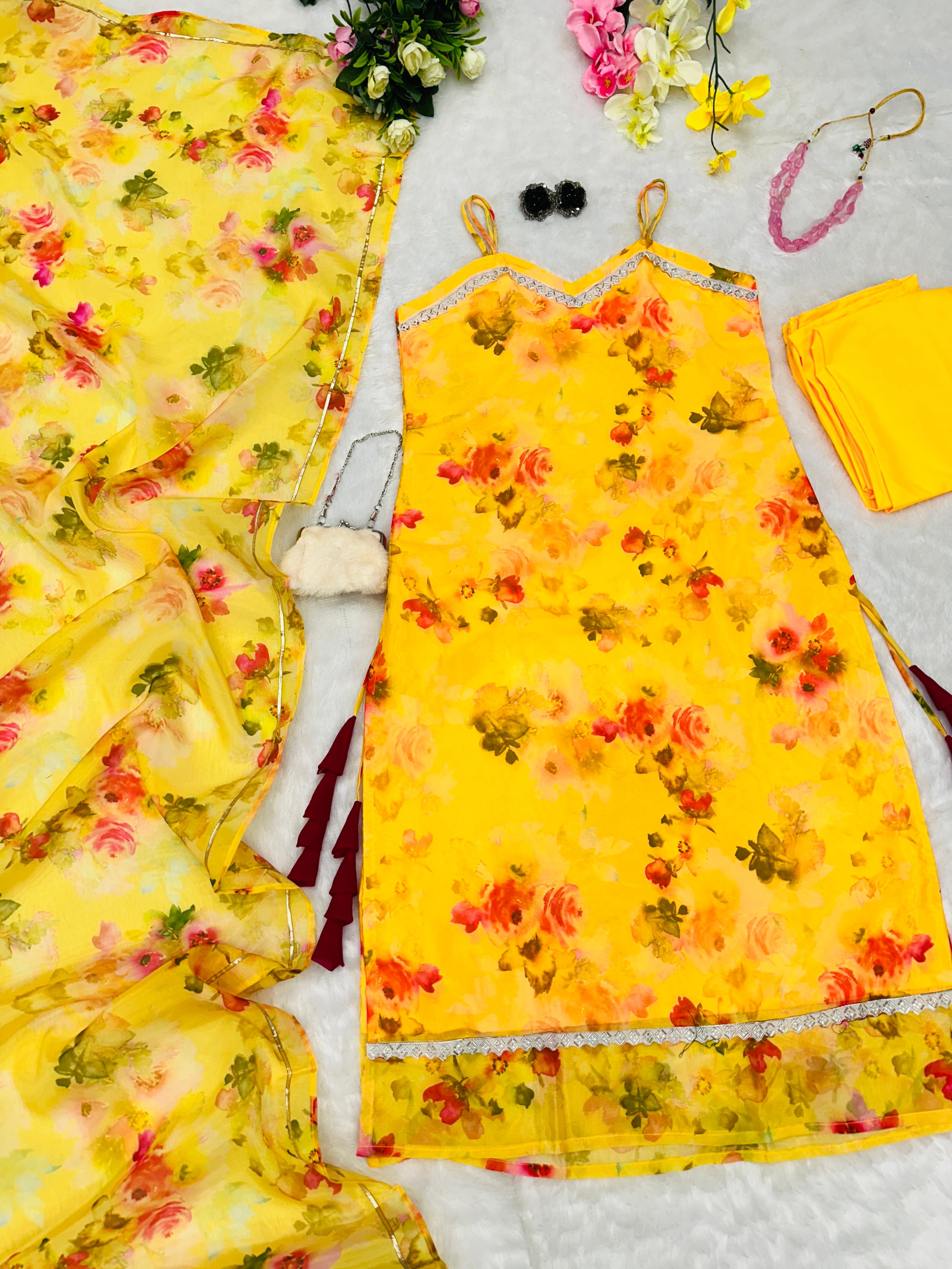 Pretty Yellow Color Straight Cut Organza Salwar Suit