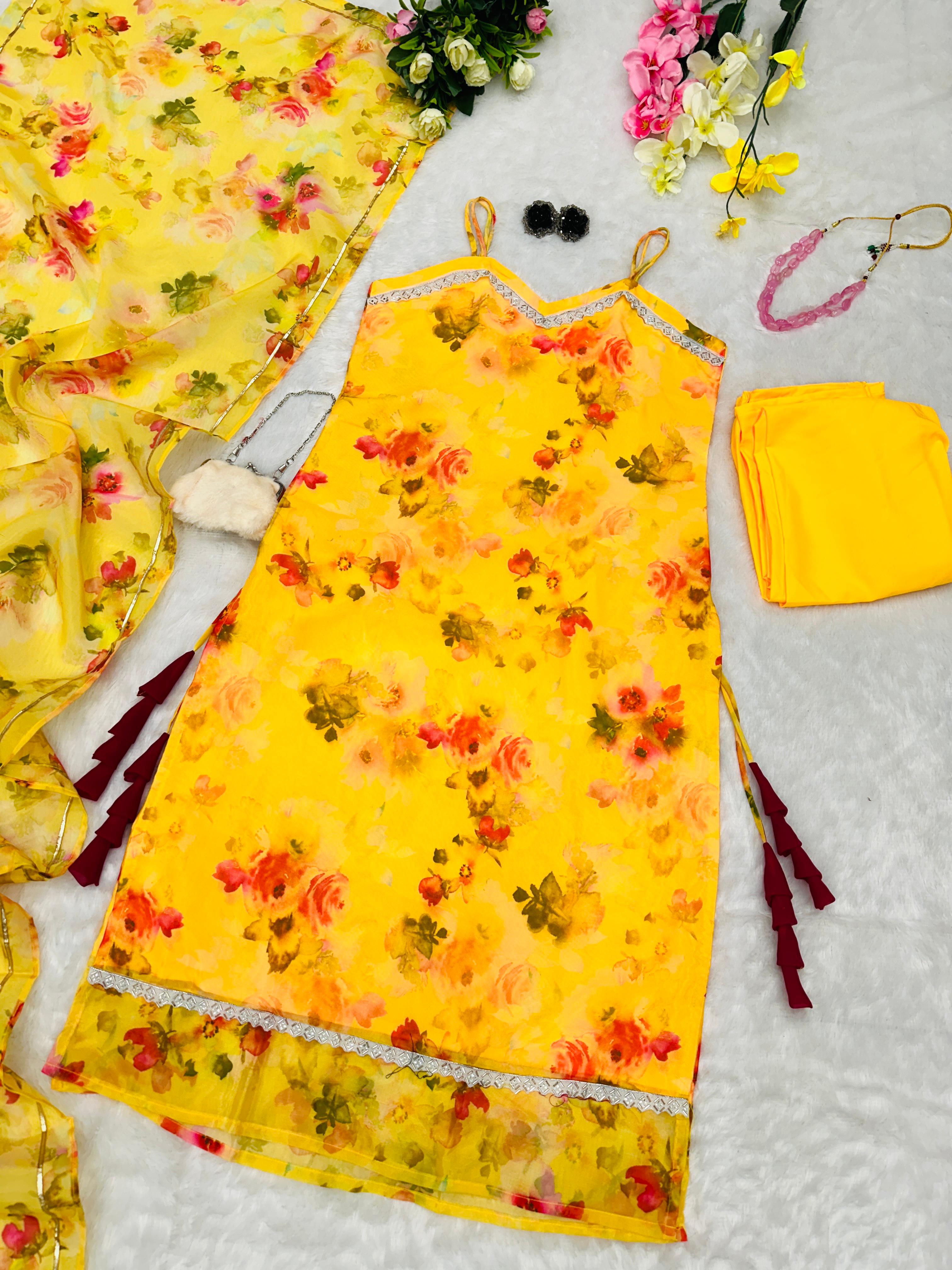 Pretty Yellow Color Straight Cut Organza Salwar Suit