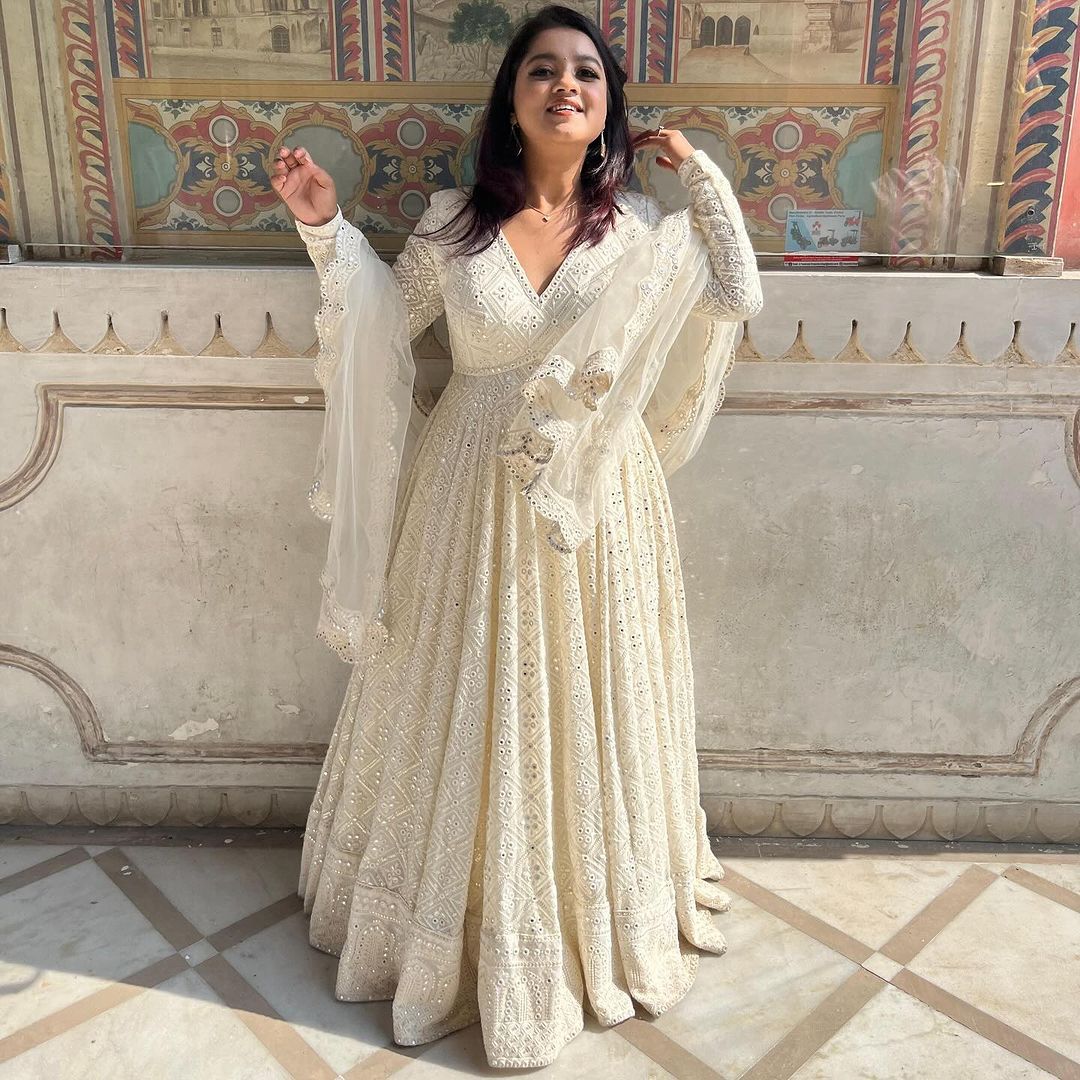 Glimmering Sequence Thread Work White Anarkali Gown Vastra Shop Glimmering Sequence Thread Work White Anarkali Gown Vastra Shop