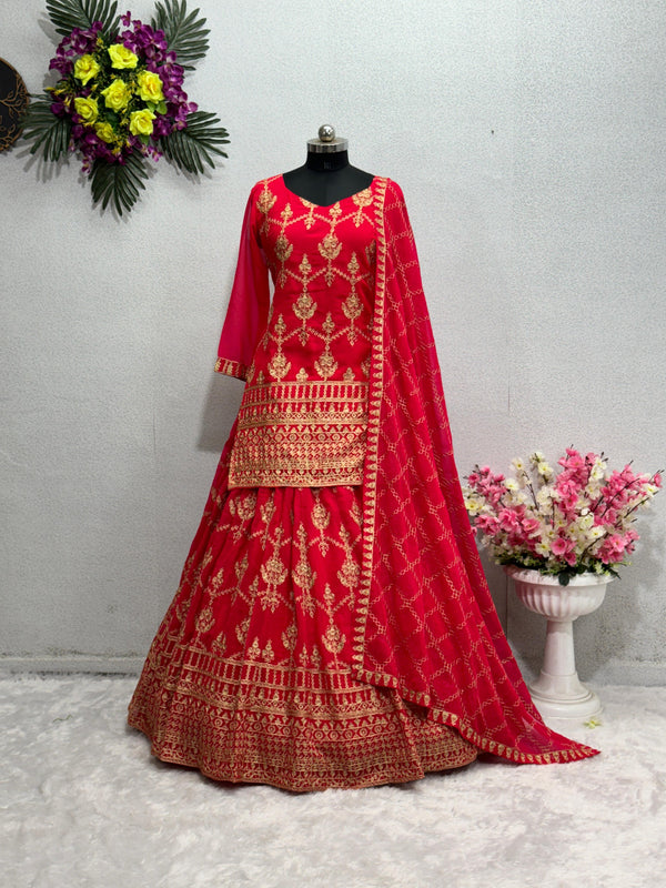 Beautiful Chine Stitch Work Red Color Lehenga With Top