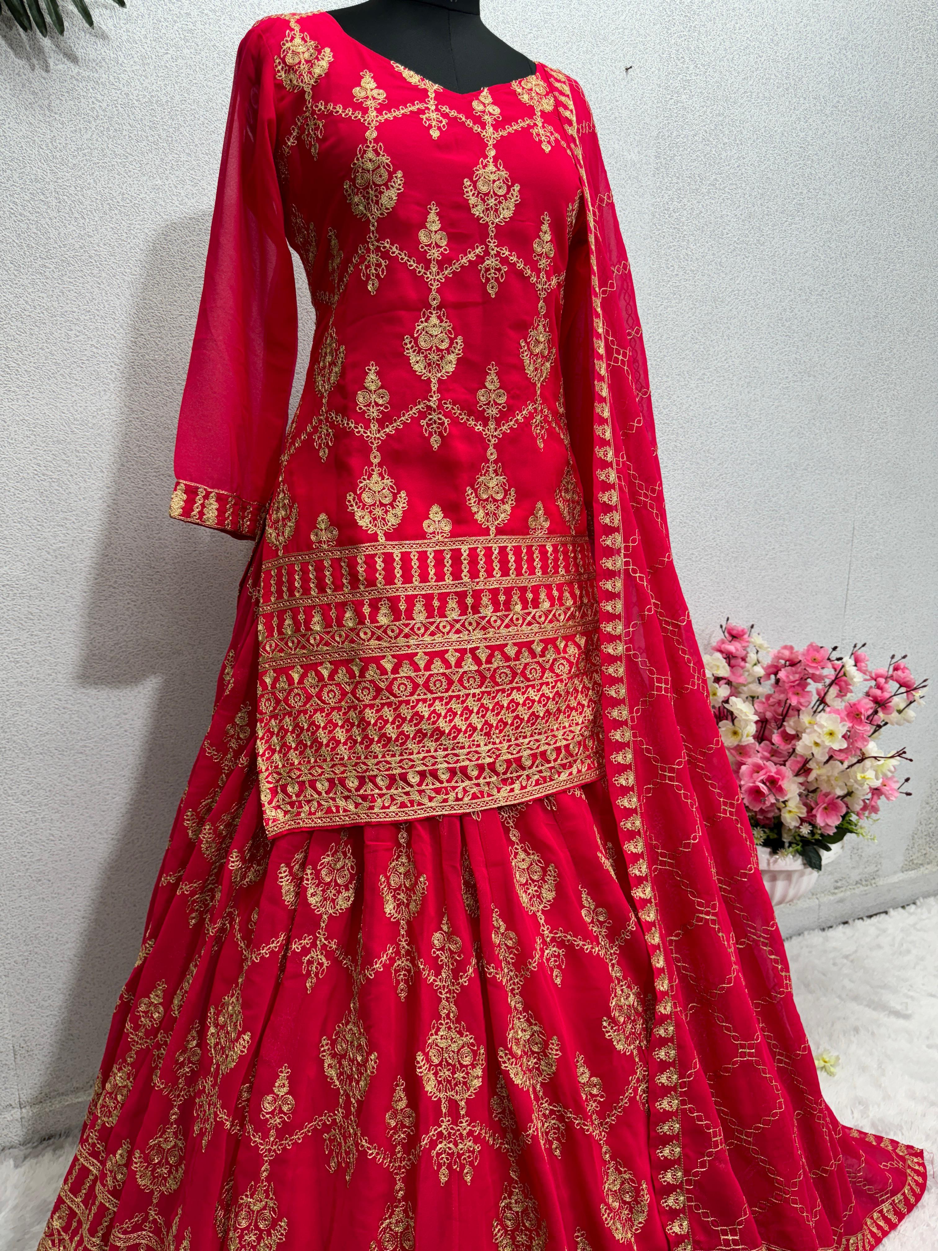 Beautiful Chine Stitch Work Red Color Lehenga With Top