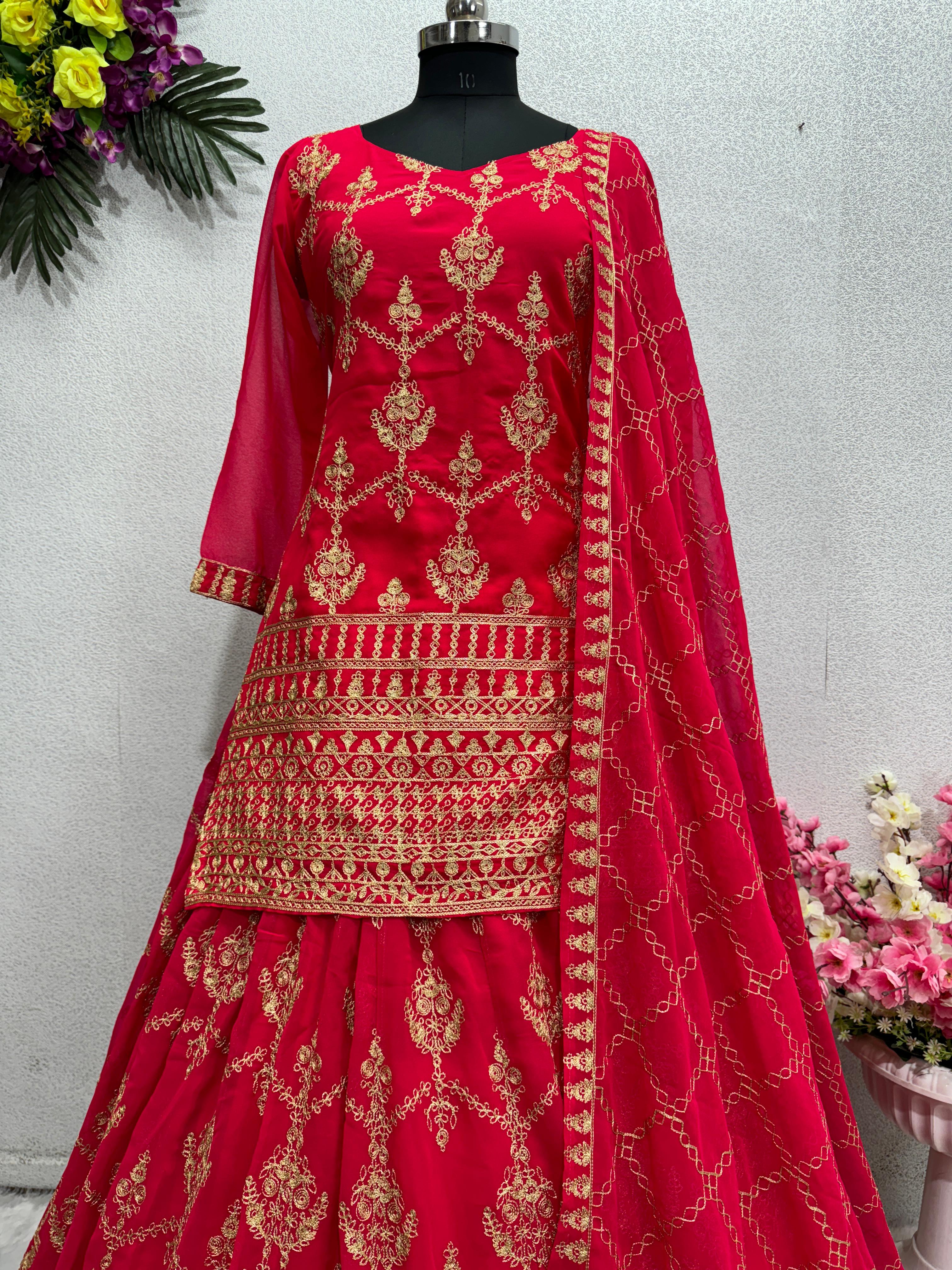 Beautiful Chine Stitch Work Red Color Lehenga With Top