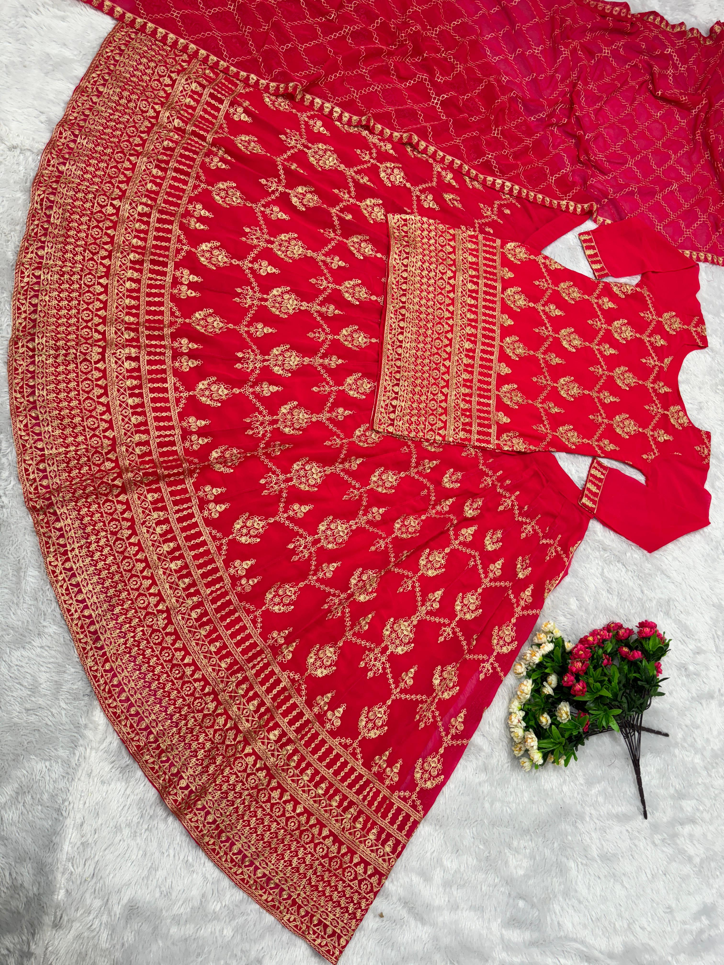 Beautiful Chine Stitch Work Red Color Lehenga With Top