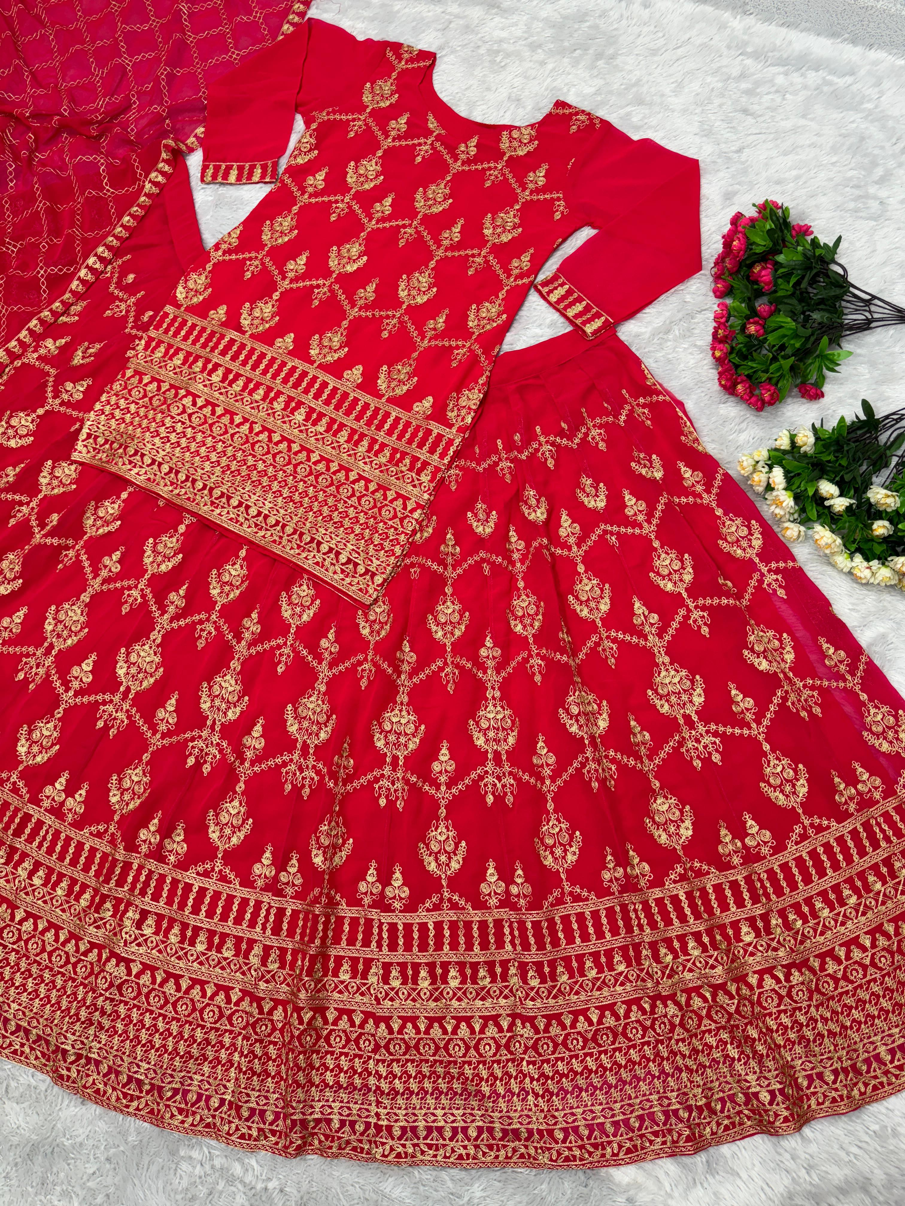 Beautiful Chine Stitch Work Red Color Lehenga With Top