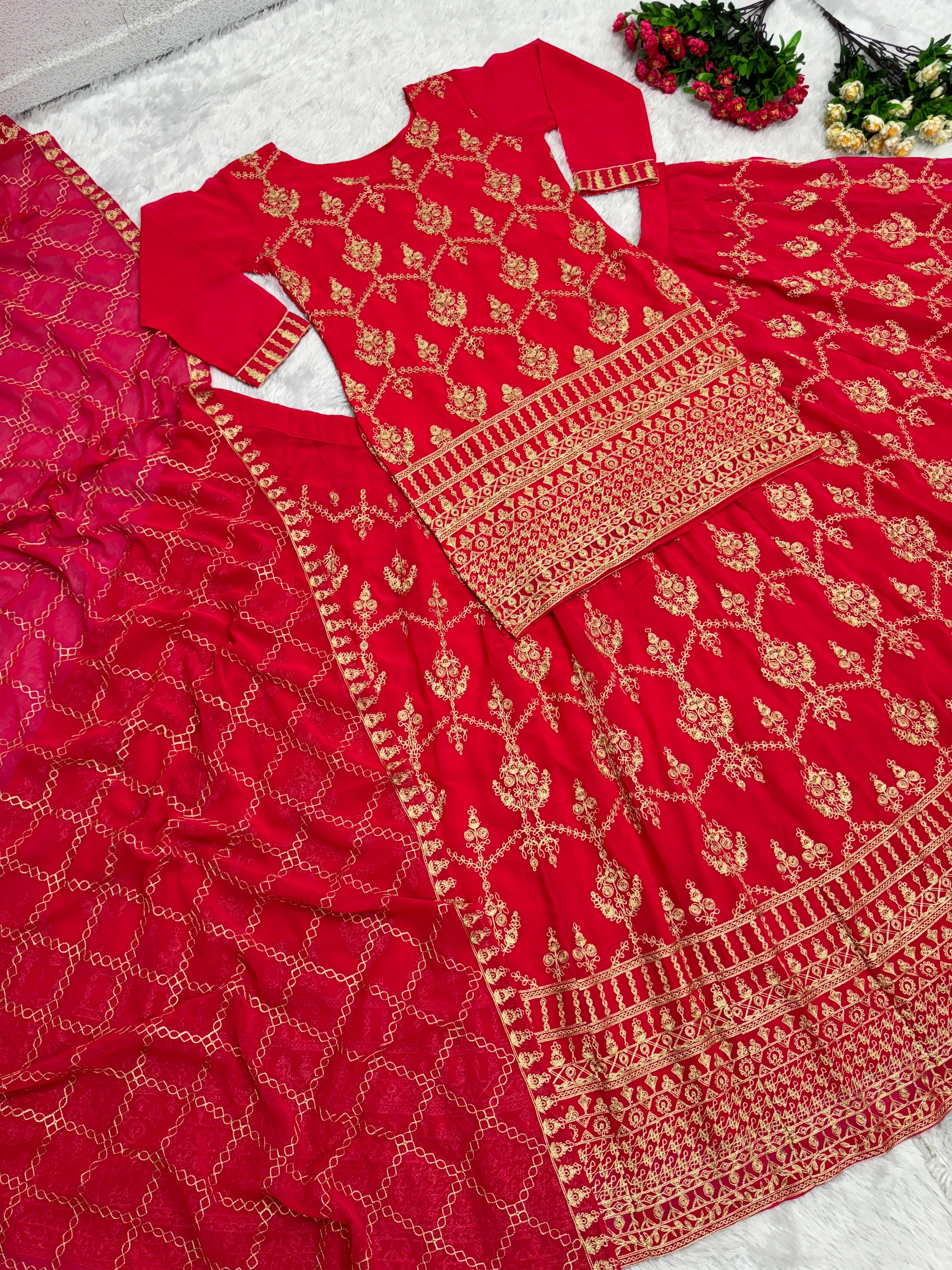 Beautiful Chine Stitch Work Red Color Lehenga With Top