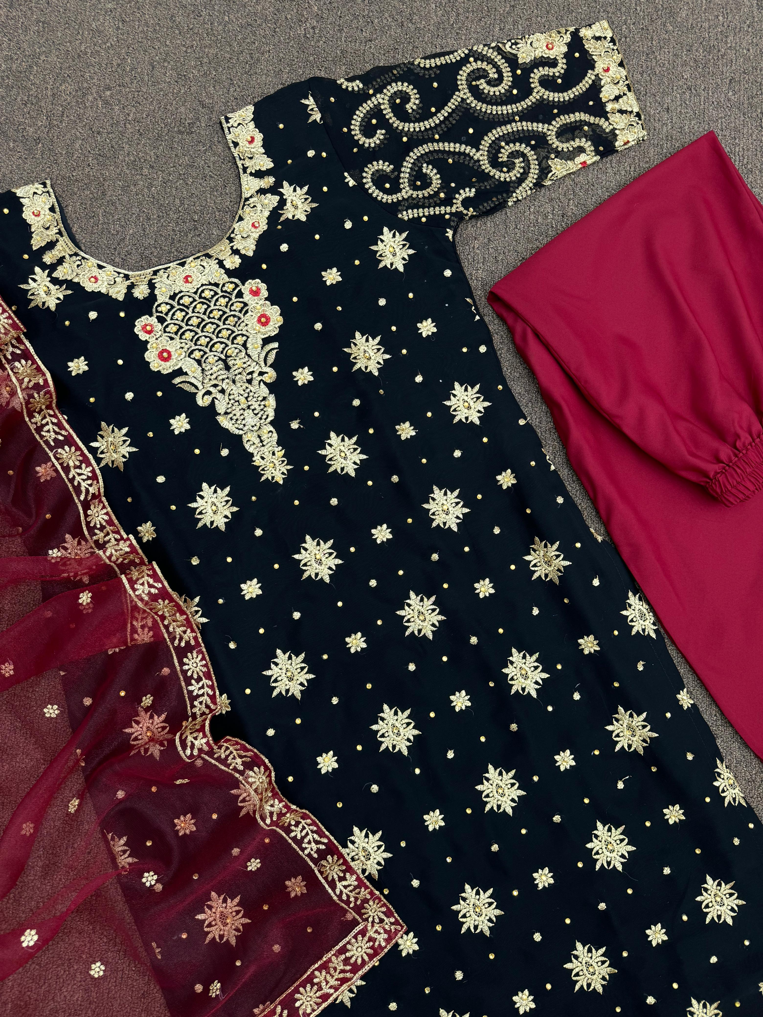 Stylish Black And Red Color Work Salwar Suit